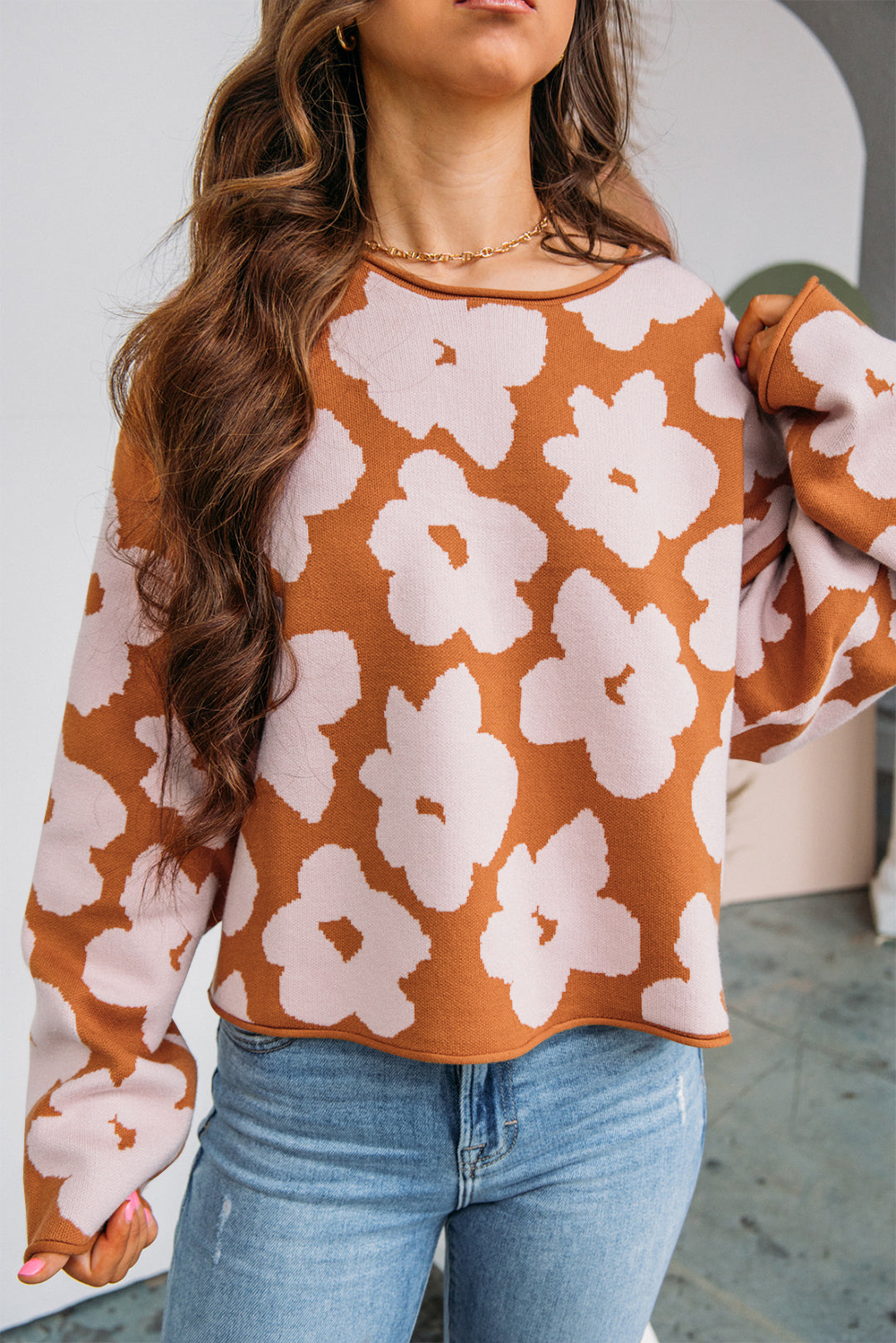Shewin Wholesale Vendors BROWN 60s Flower Print Raw Edge Long Sleeve Loose Sweater
