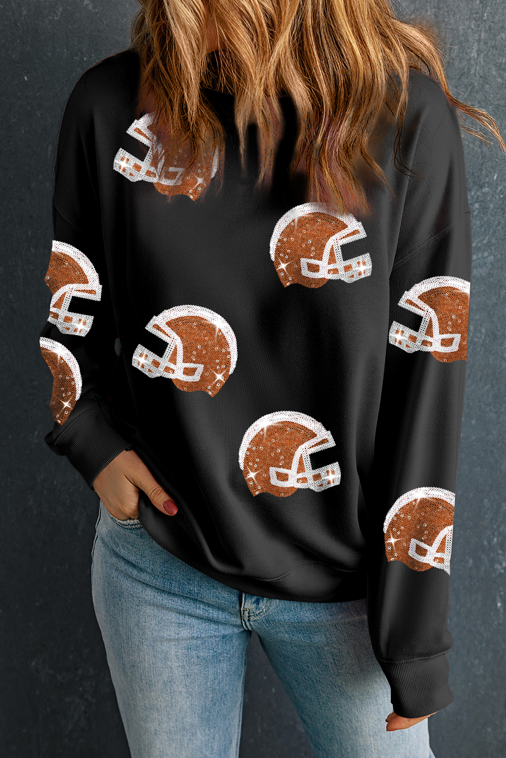 Shewin Wholesale Suppliers Black Sequin Baseball HELMET Graphic Round Neck Sweatshirt