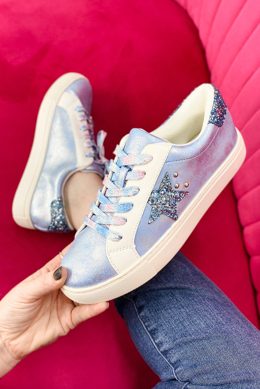 Shewin Wholesale Suppliers Silvery Star Sequin Patchwork Criss Cross Lace Up SNEAKERS