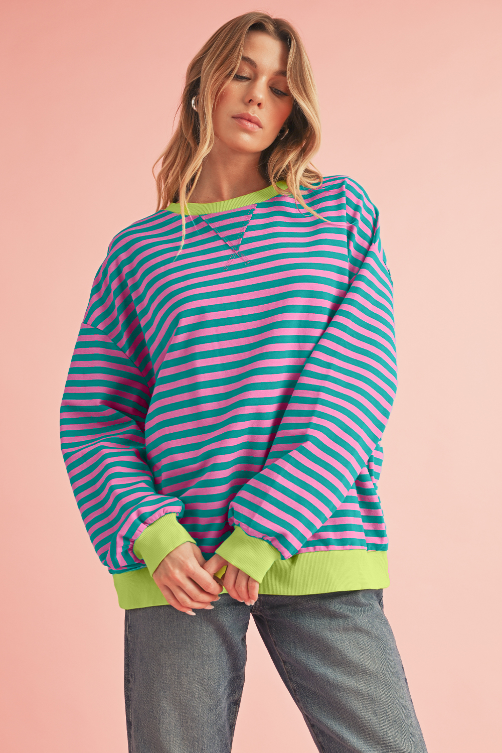 Shewin Dropshipping Green Stripe Contrast Edge Oversized Sweatshirt