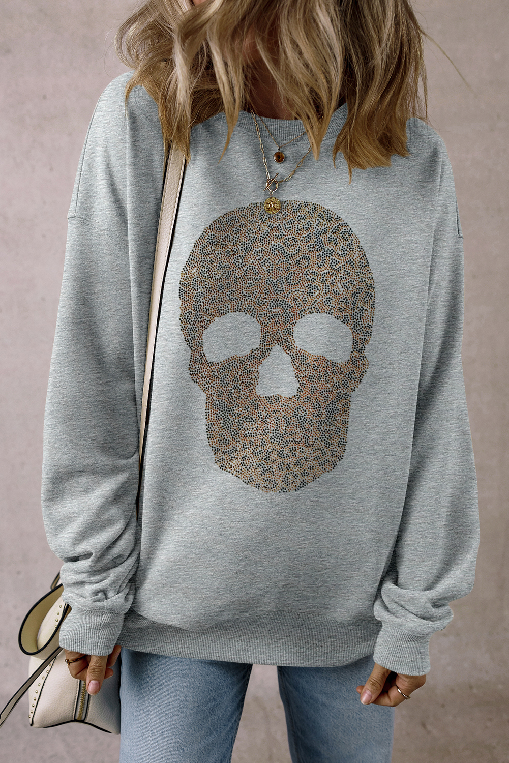 Shewin Wholesale Clothes Light Grey Rhinestone Skull Graphic Drop Shoulder SWEATSHIRT