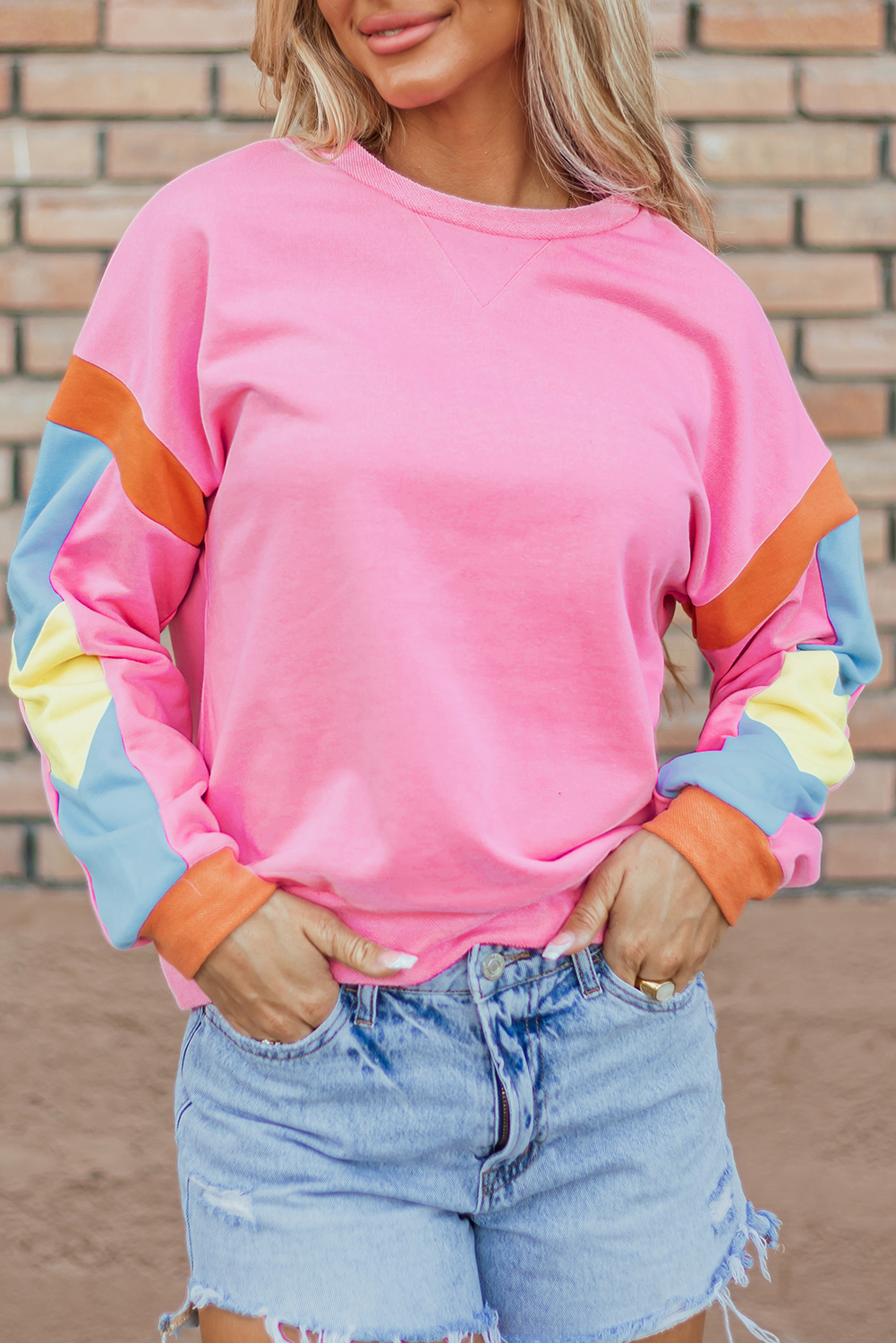 Shewin Dropshipping Open Pack Pink CANDY Colorblock French Terry Hem Long Sleeve Top