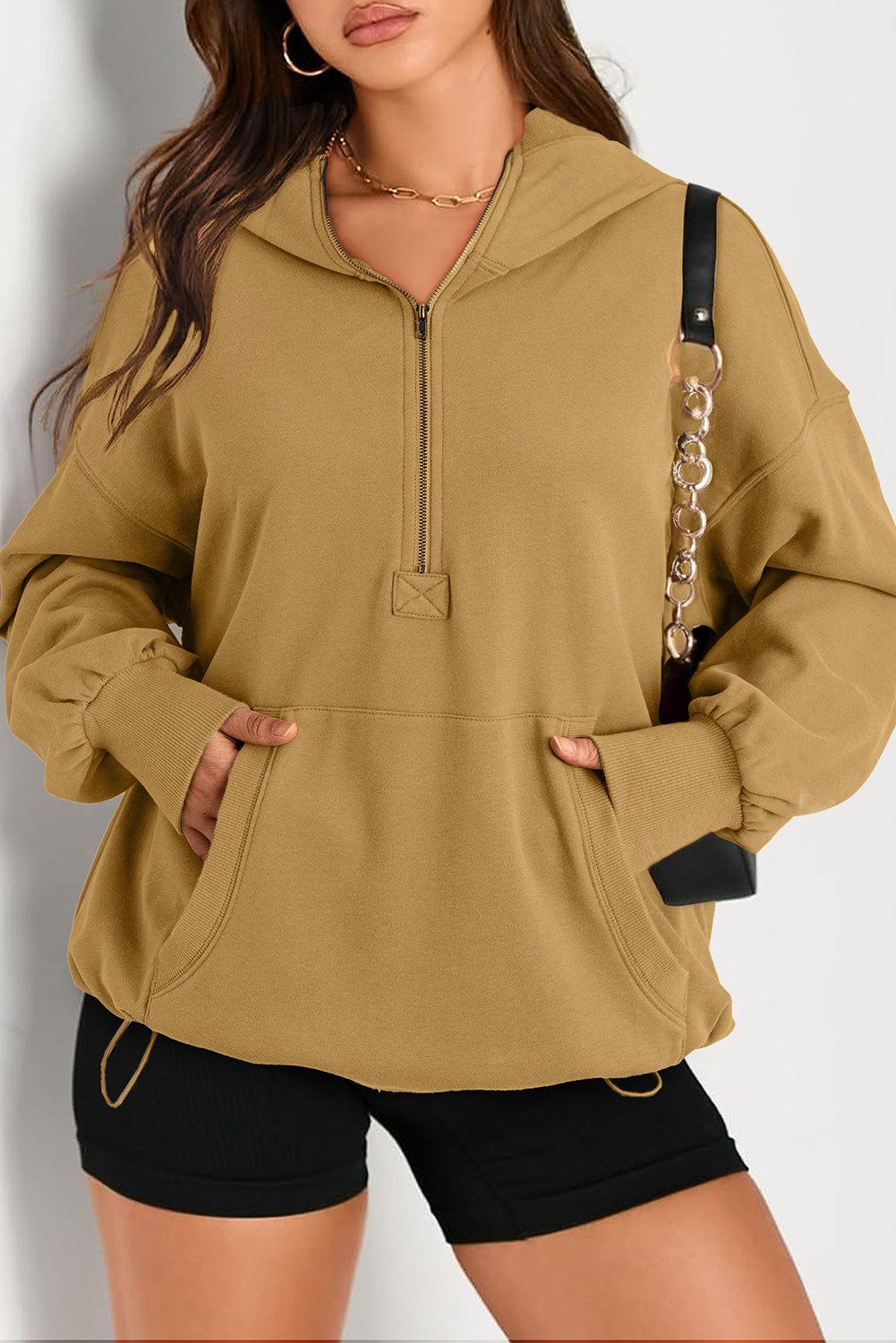 Brown Kangaroo Pocket Half Zipper Oversized Hoodie