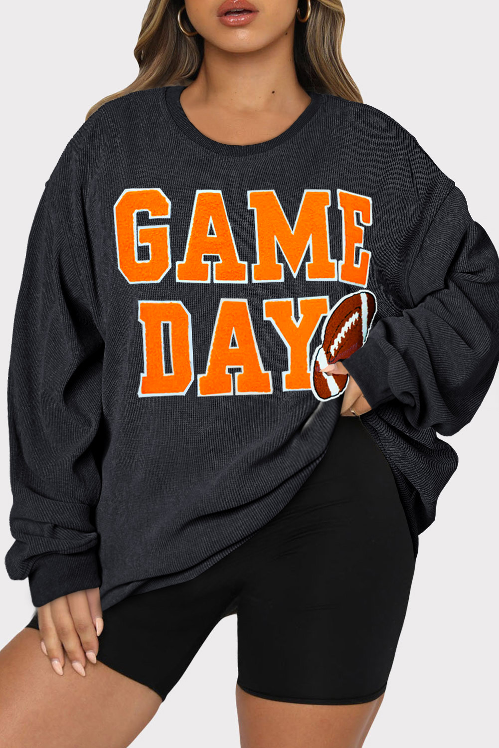 Shewin Wholesale Stores Black Plus Size GAME DAY Rugby Graphic Corded Sweatshirt