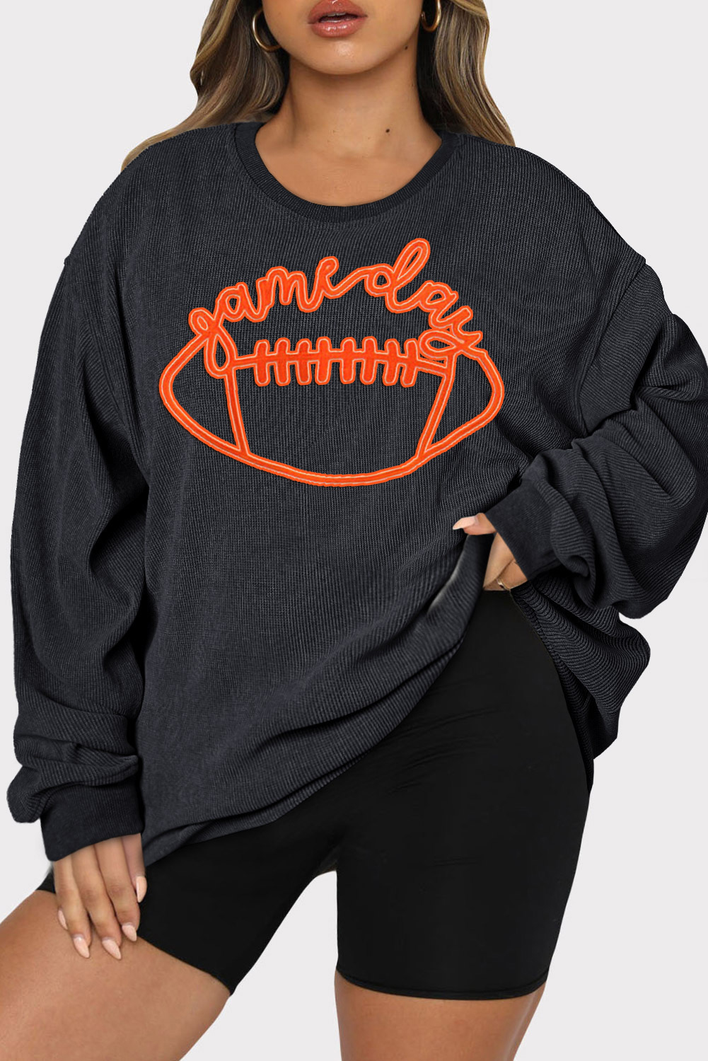 Shewin Wholesale Stores Black GAME Day Rugby Embroidered Graphic Plus Size Sweatshirt