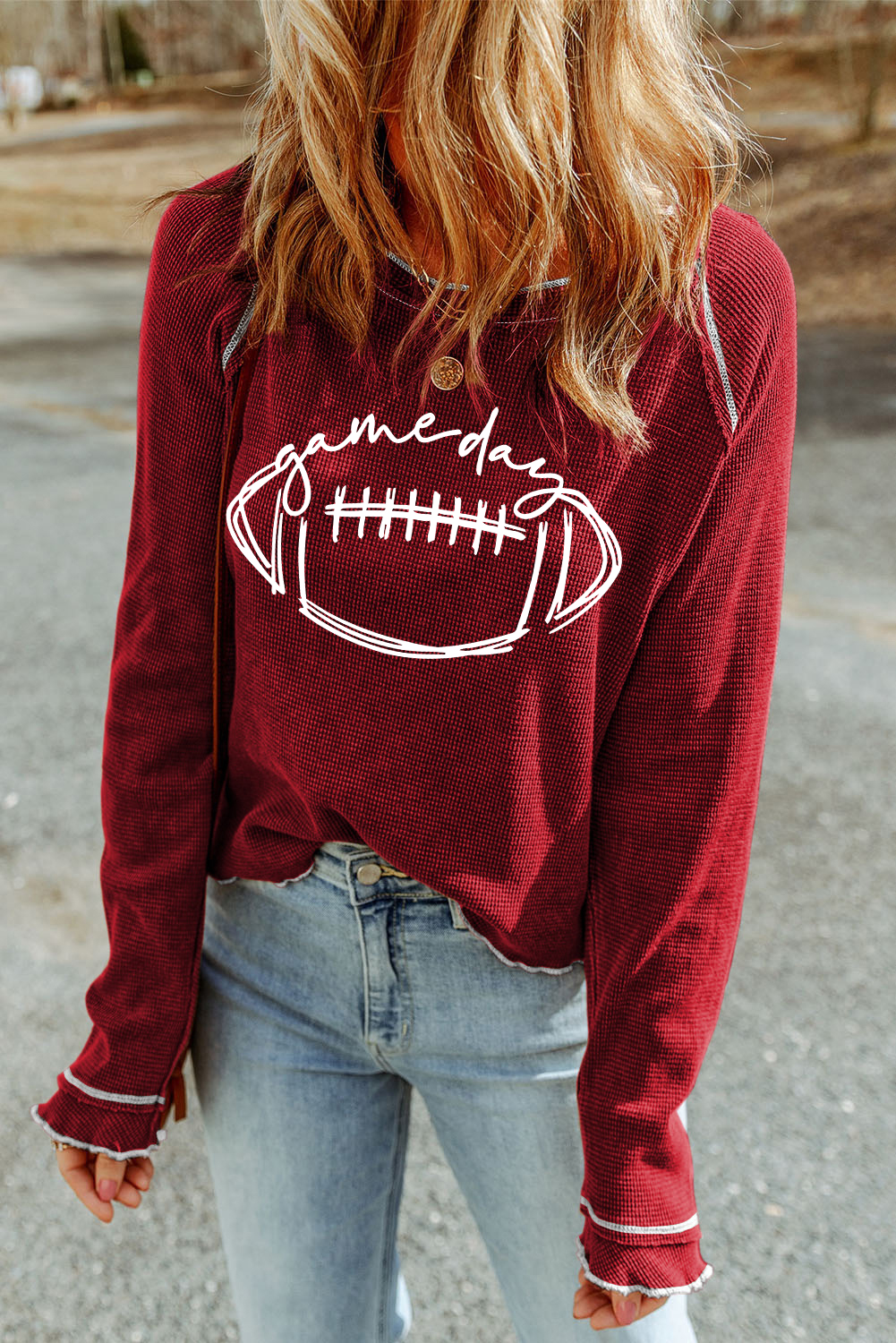 Shewin Wholesale Elegant RED Waffle Rugby Graphic Contrast Hem Sweatshirt