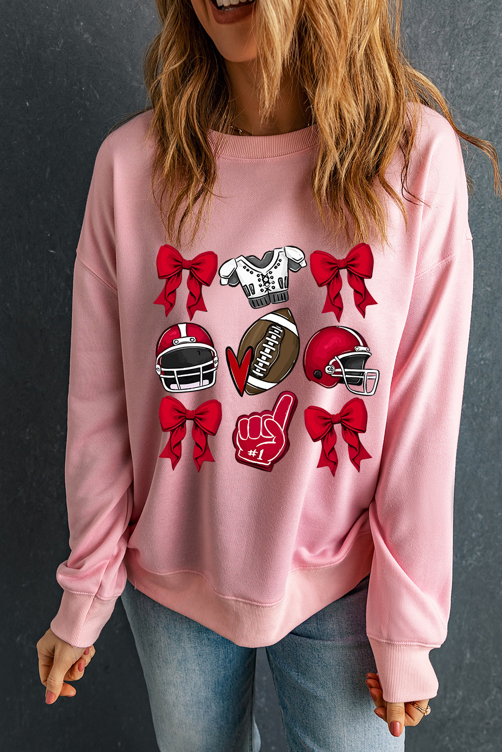 Shewin Wholesale Stores Pink GAME Day Rugby Bowknot Graphic Sweatshirt