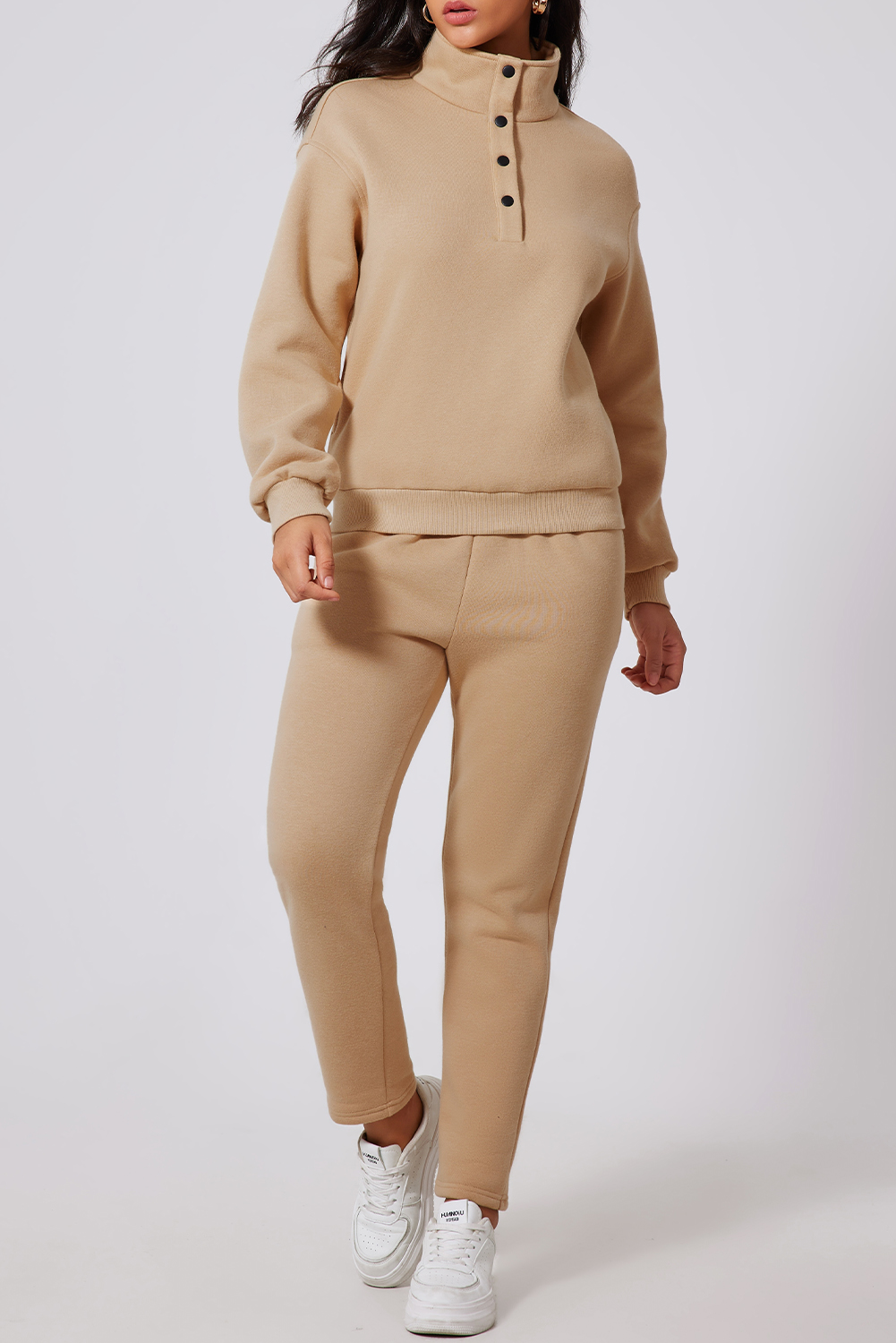 Shewin Wholesale Apparel Parchment Solid Half Button Sweatshirt and High Waist Pants Set