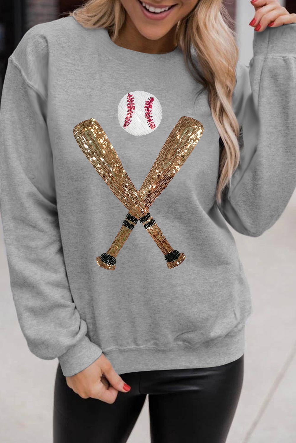 Shewin Wholesale Apparel Gray Sequin Baseball Graphic Crewneck GAME Day Sweatshirt