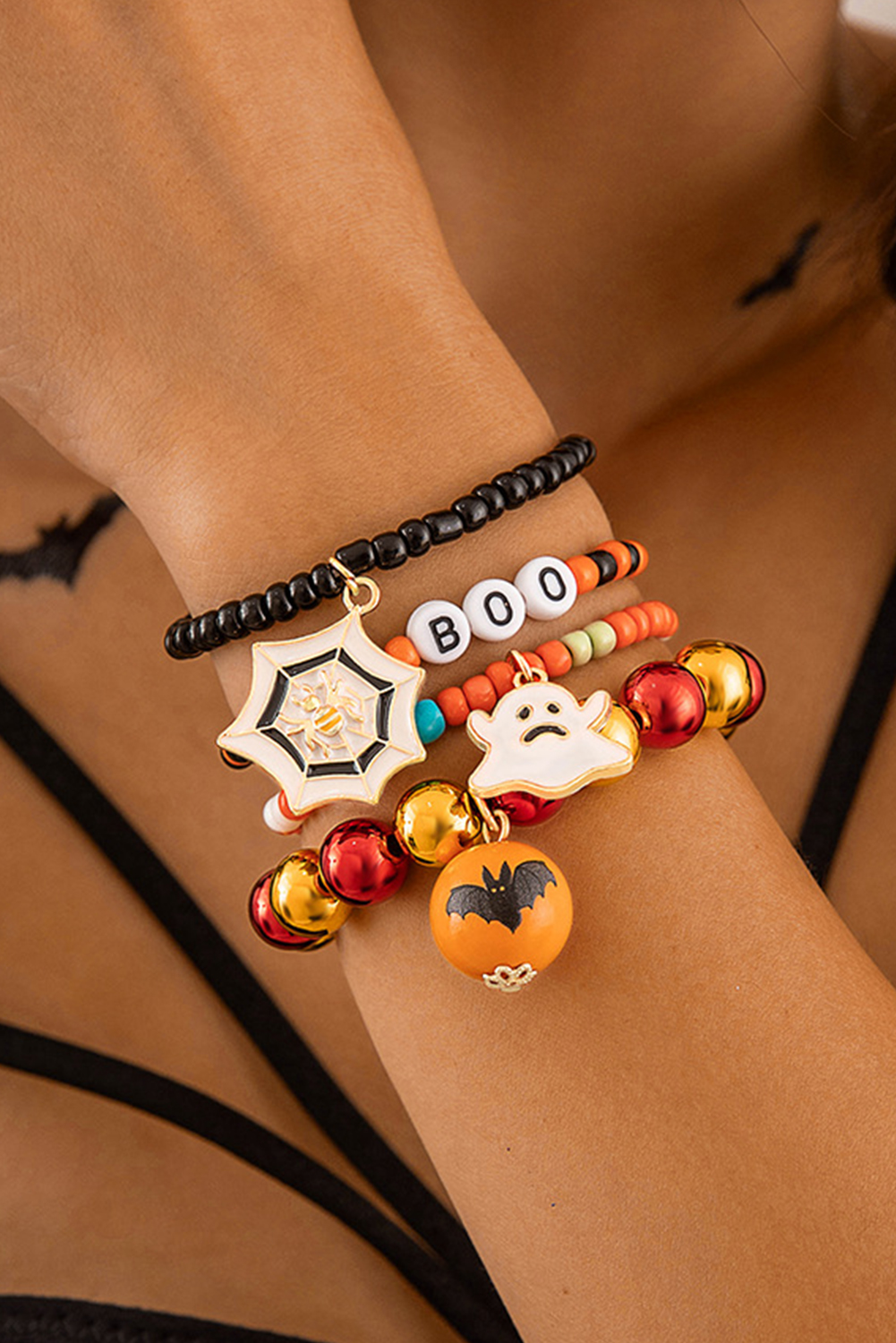 Shewin Wholesale Apparel Orange 4pcs HALLOWEEN Ghost Spider Web Beaded Bracelet Set