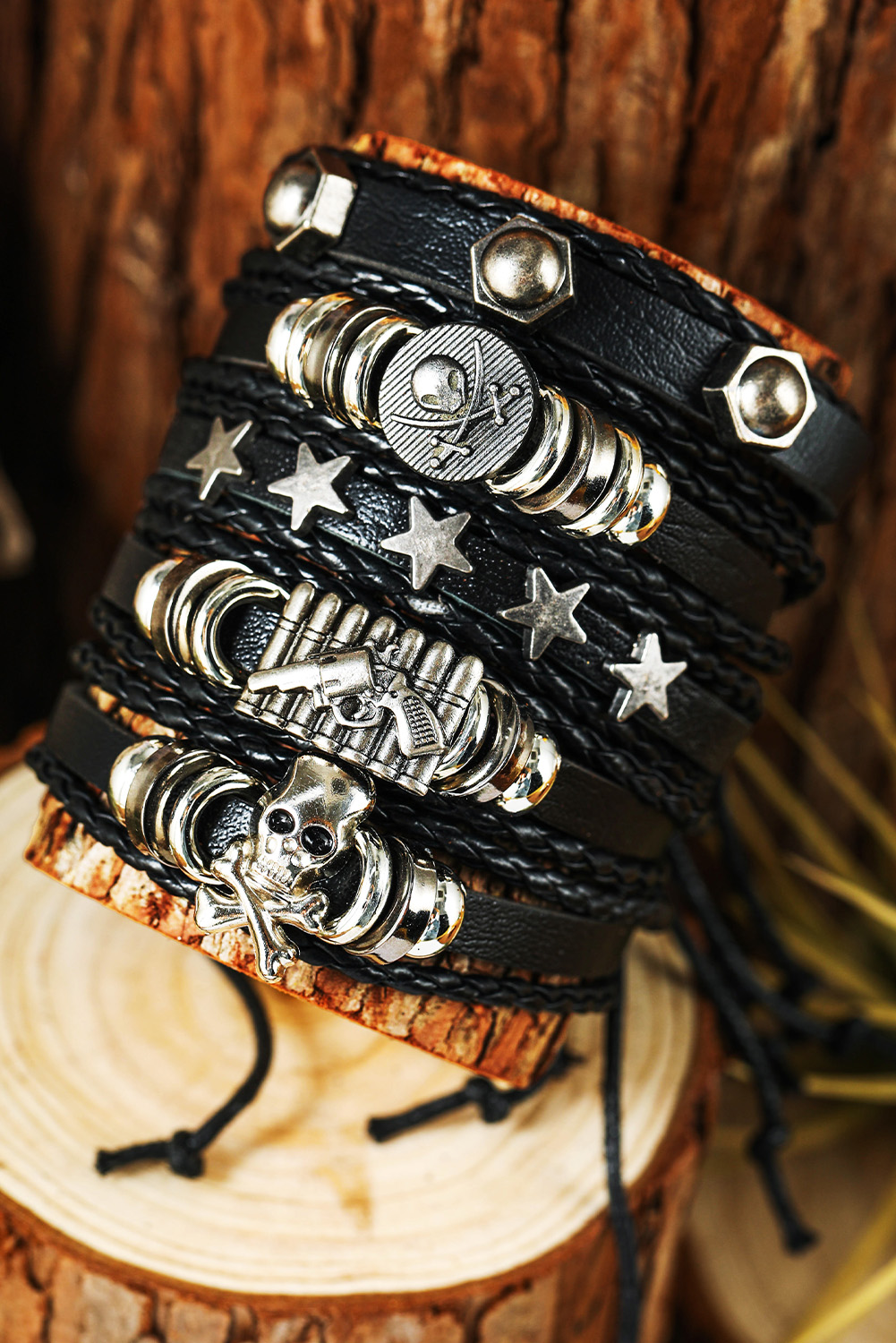 Shewin Wholesale Clothing Black Gun Skull Star PU LEATHER Bracelet Set