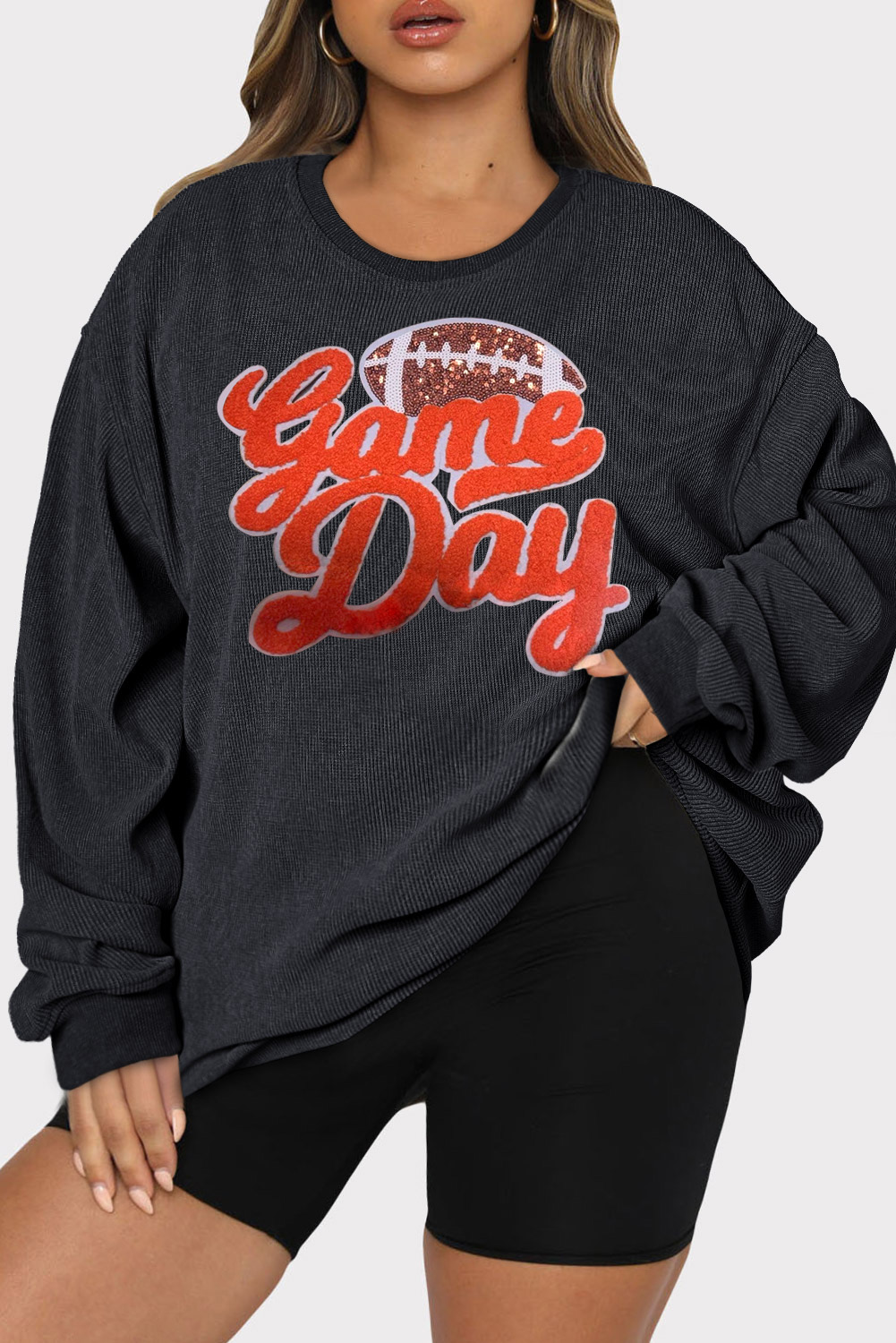 Shewin Wholesale Apparel Black Textured GAME Day Chenille Sequin Rugby Graphic Plus Size Sweatshirt