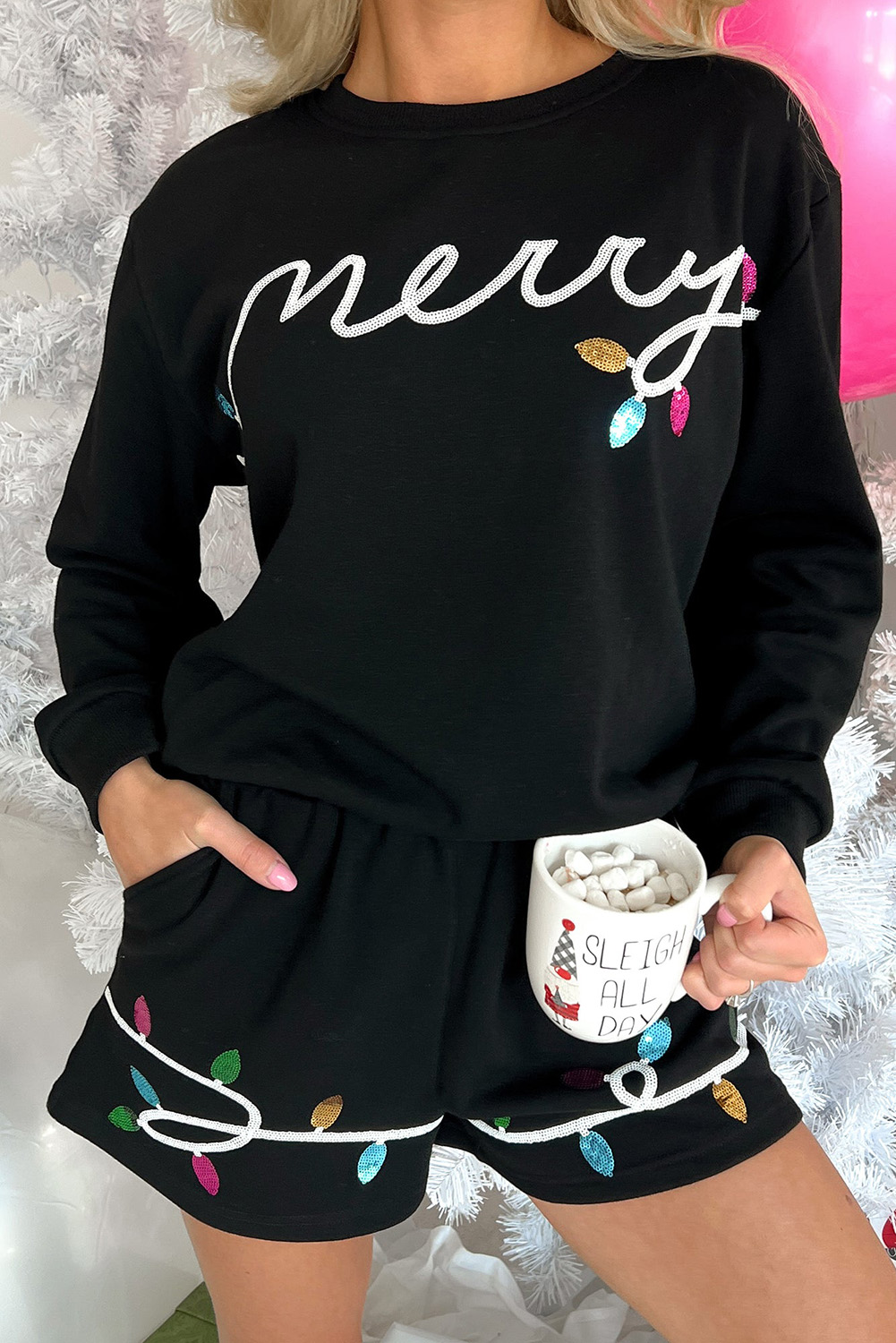 Shewin Wholesale Apparel Black Sequin Merry Graphic Pullover and Shorts Set