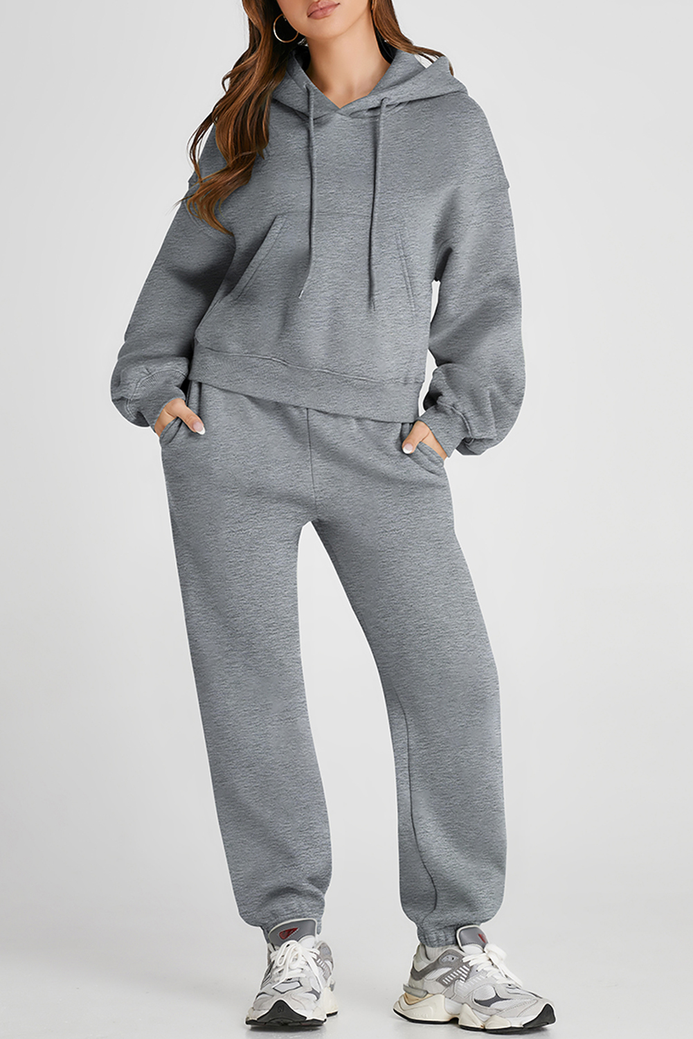 Shewin Wholesale Apparel Gray Solid Drop Shoulder Hoodie and Jogger Set