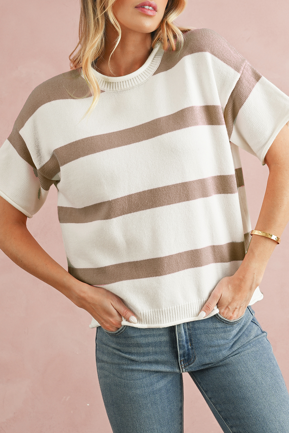 Shewin Dropship Khaki Striped Drop SHOULDER Knitted Top