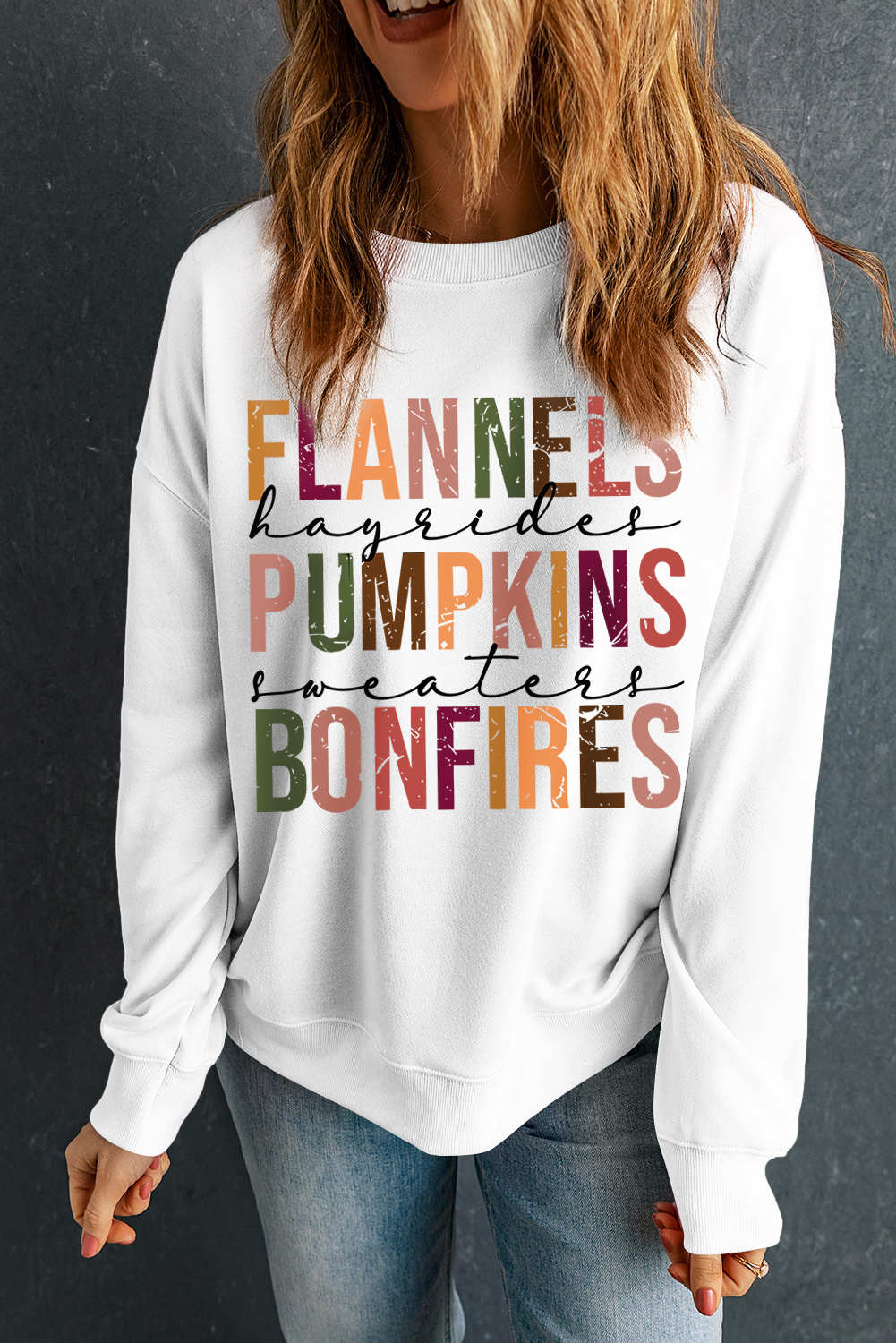 Shewin Wholesale Clothes Beige FLANNELS PUMPKINS BONFIRES Graphic Drop SHOULDER Sweatshirt