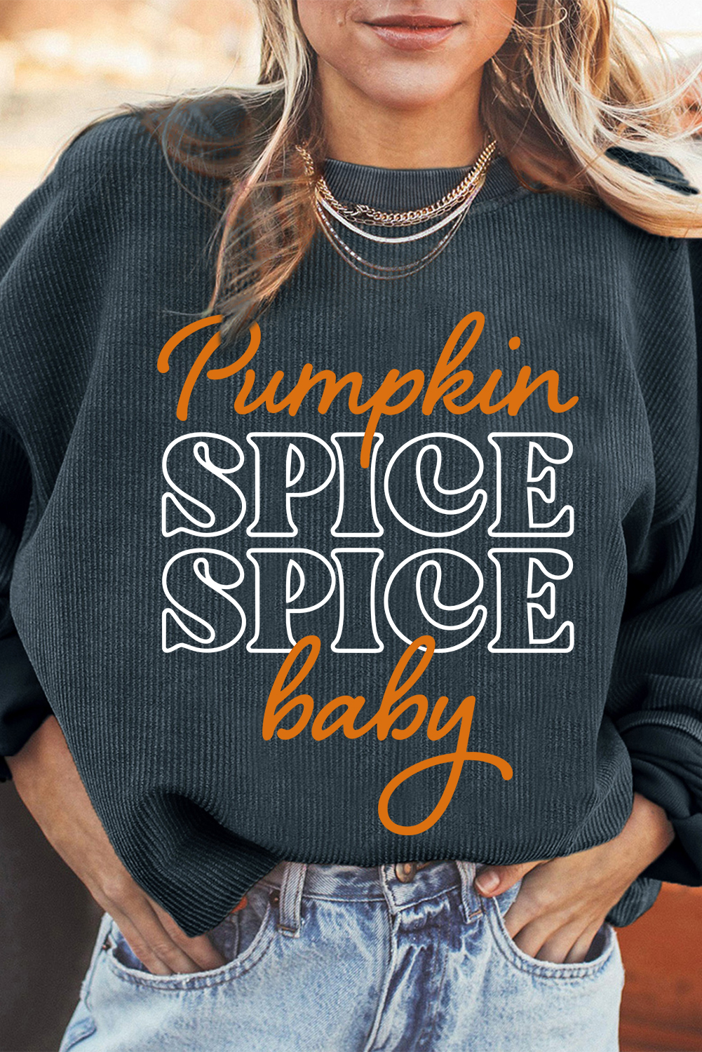 Shewin Wholesale Clothing Dark Grey Thanksgiving Pumpkin Spice Baby Graphic Textured SWEATSHIRT