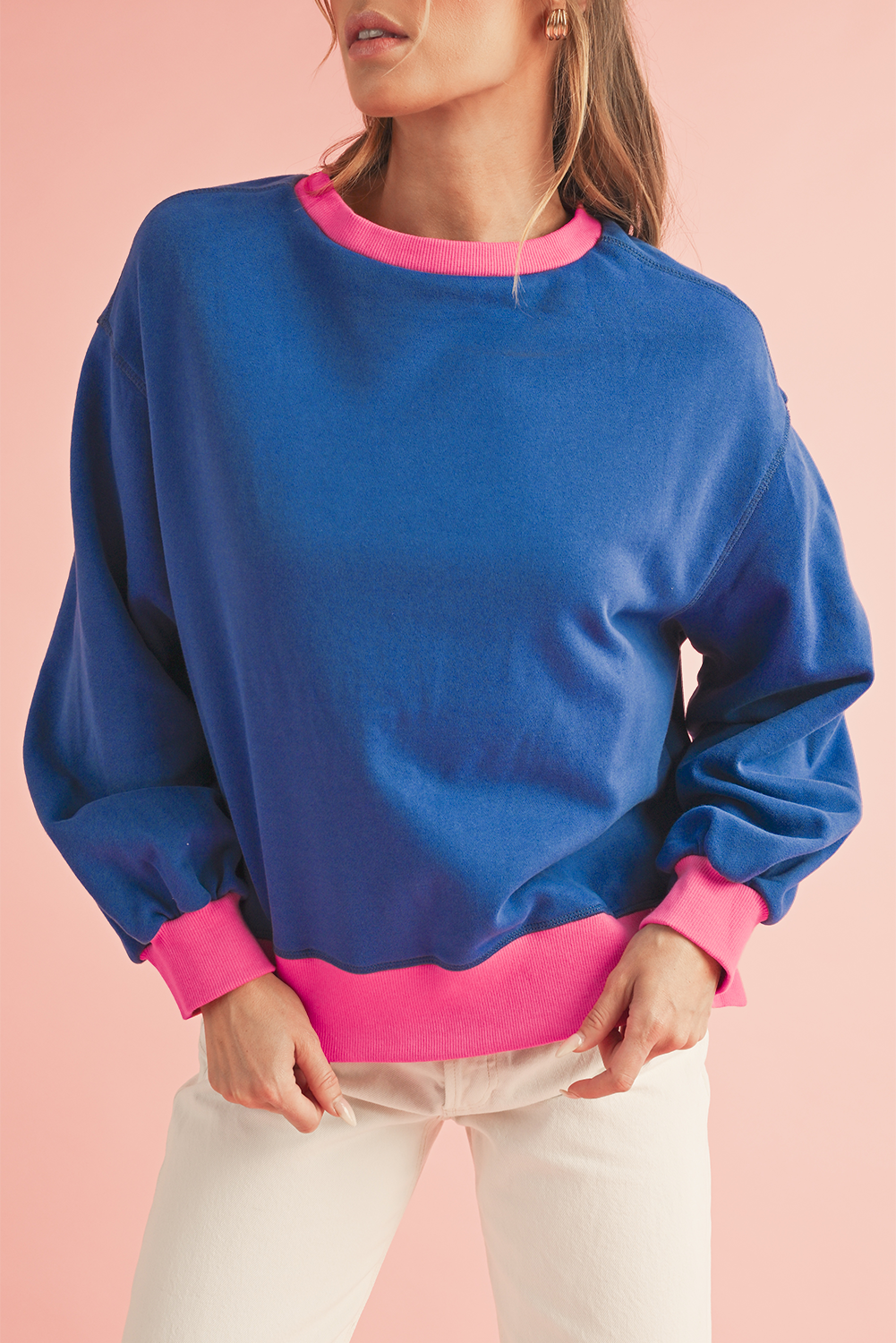 Shewin Wholesale CLOTHING Blue Contrast Trim Bubble Sleeve Sweatshirt