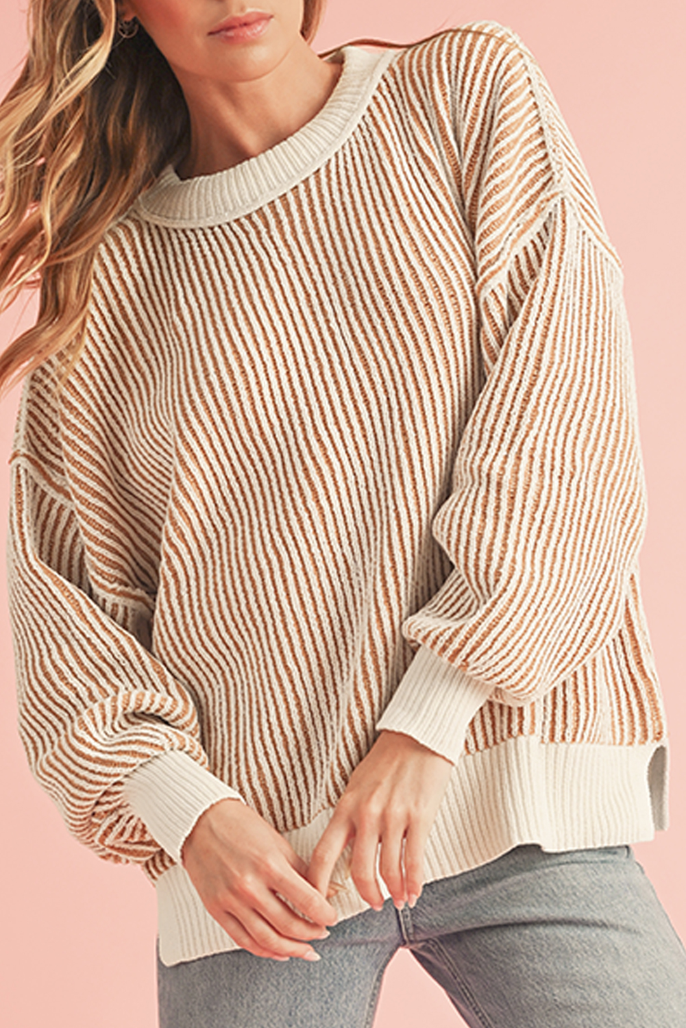 Shewin Dropship Chestnut Striped Contrast Trim Loose SWEATER