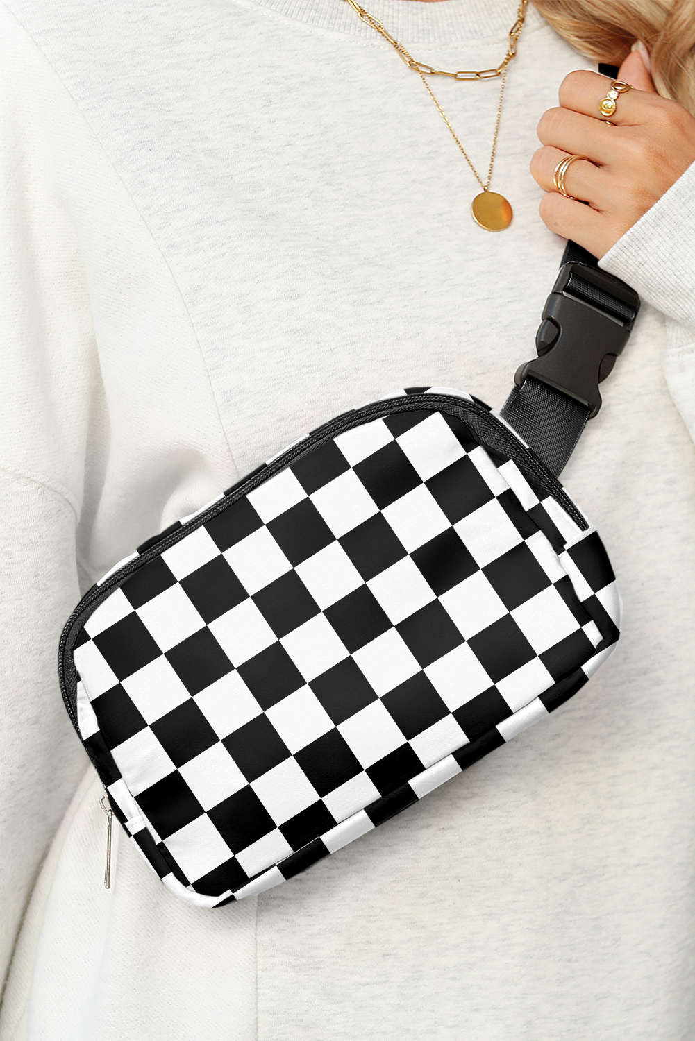 Shewin Wholesale Clothes White Checkered Print Buckle Wide Belt Crossbody BAG