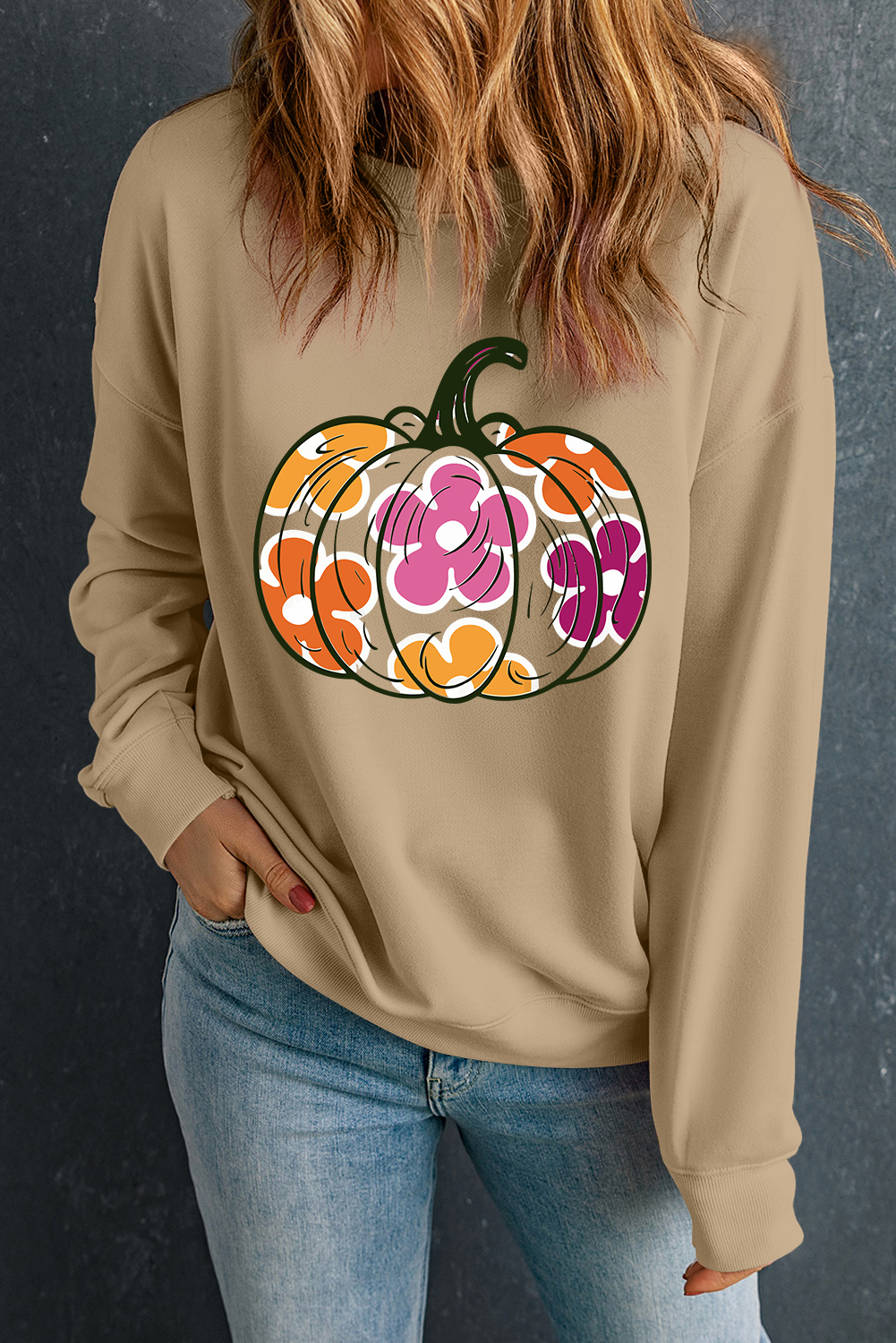 Shewin Wholesale Clothes Khaki Halloween Floral Pumpkin Graphic Drop Shoulder SWEATSHIRT