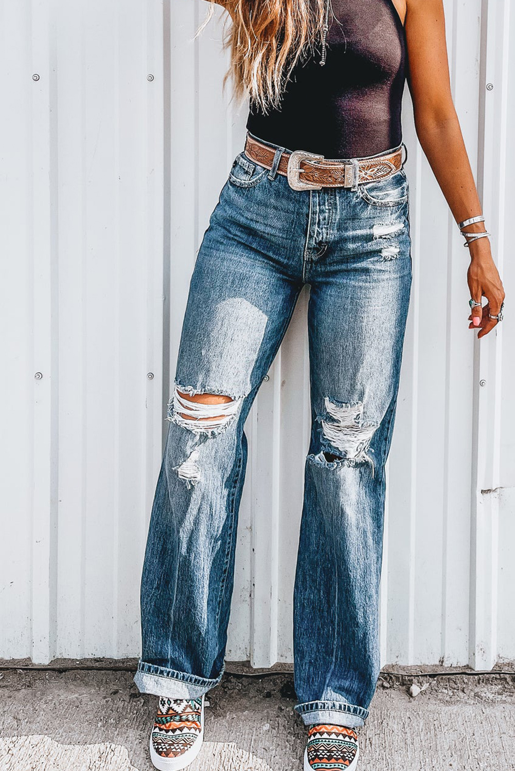 Shewin Wholesale Dropshipping Dusk Blue Mineral Washed High Rise Ripped JEANS