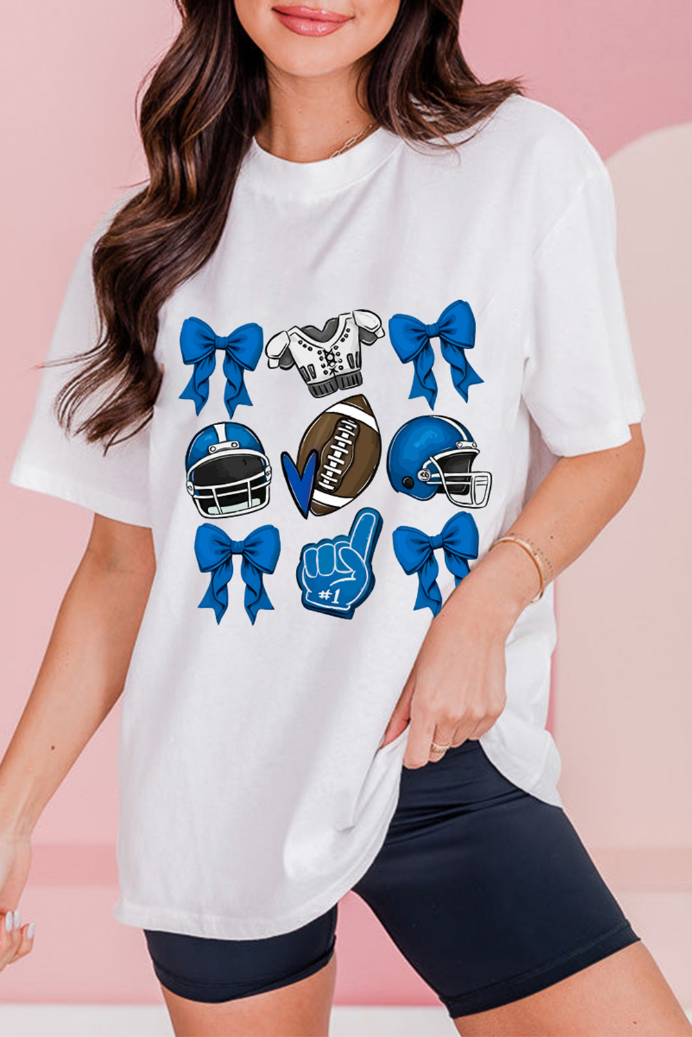 Shewin Wholesale Clothes White-2 Rugby Cheer HELMET Bow Graphic Tee