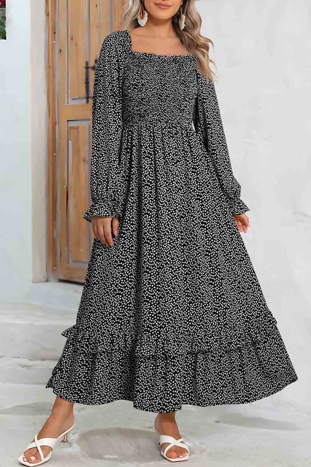 Shewin Wholesale High Quality Black Dotty Printed Long Sleeve Square Neck Midi DRESS