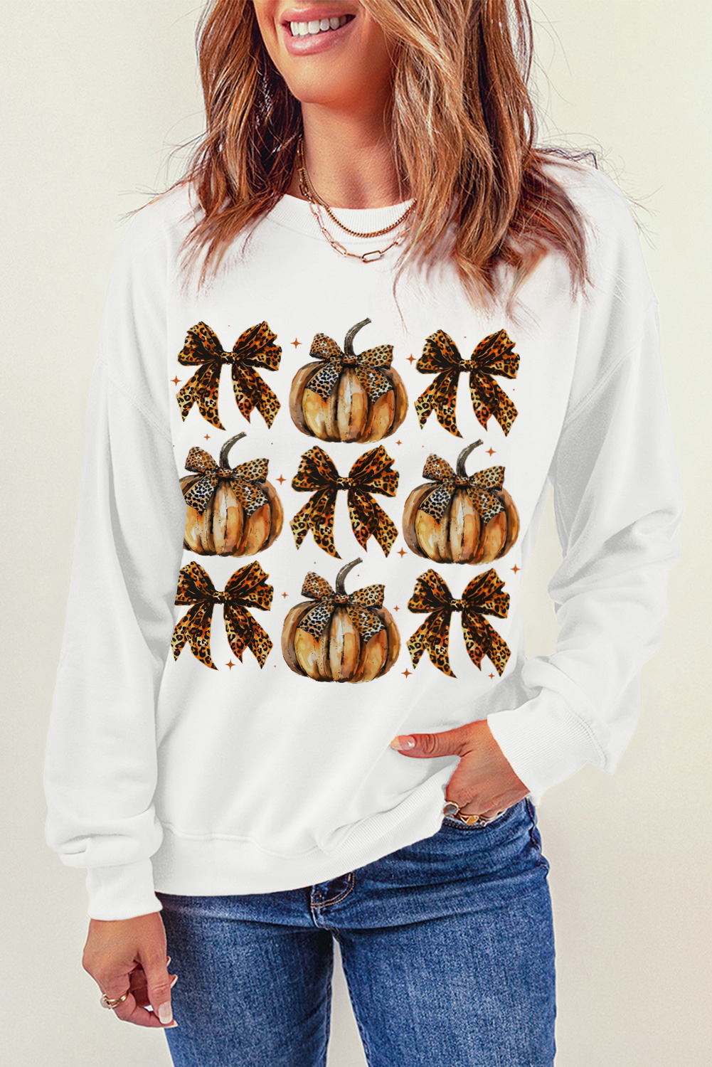 Shewin Wholesale Clothes Beige Pumpkin Leopard Bow Knot Graphic SWEATSHIRT