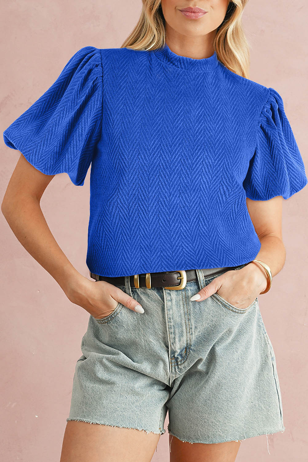 Sky Blue Solid Textured Puff Sleeve Mock Neck Blouse