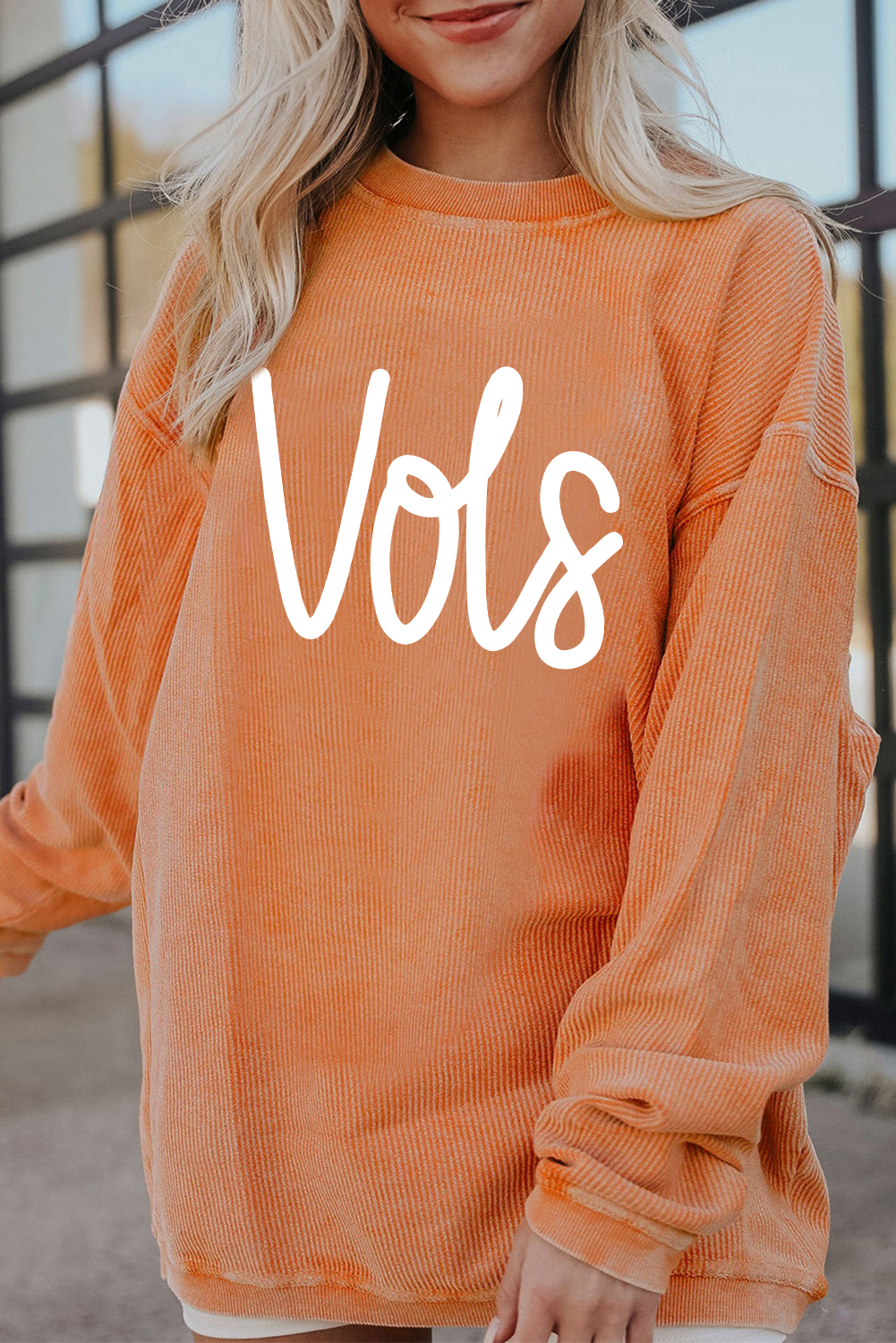 Shewin Wholesale Custom Logo Orange Vols Letter Graphic CRINKLE Ribbed Oversized Sweatshirt