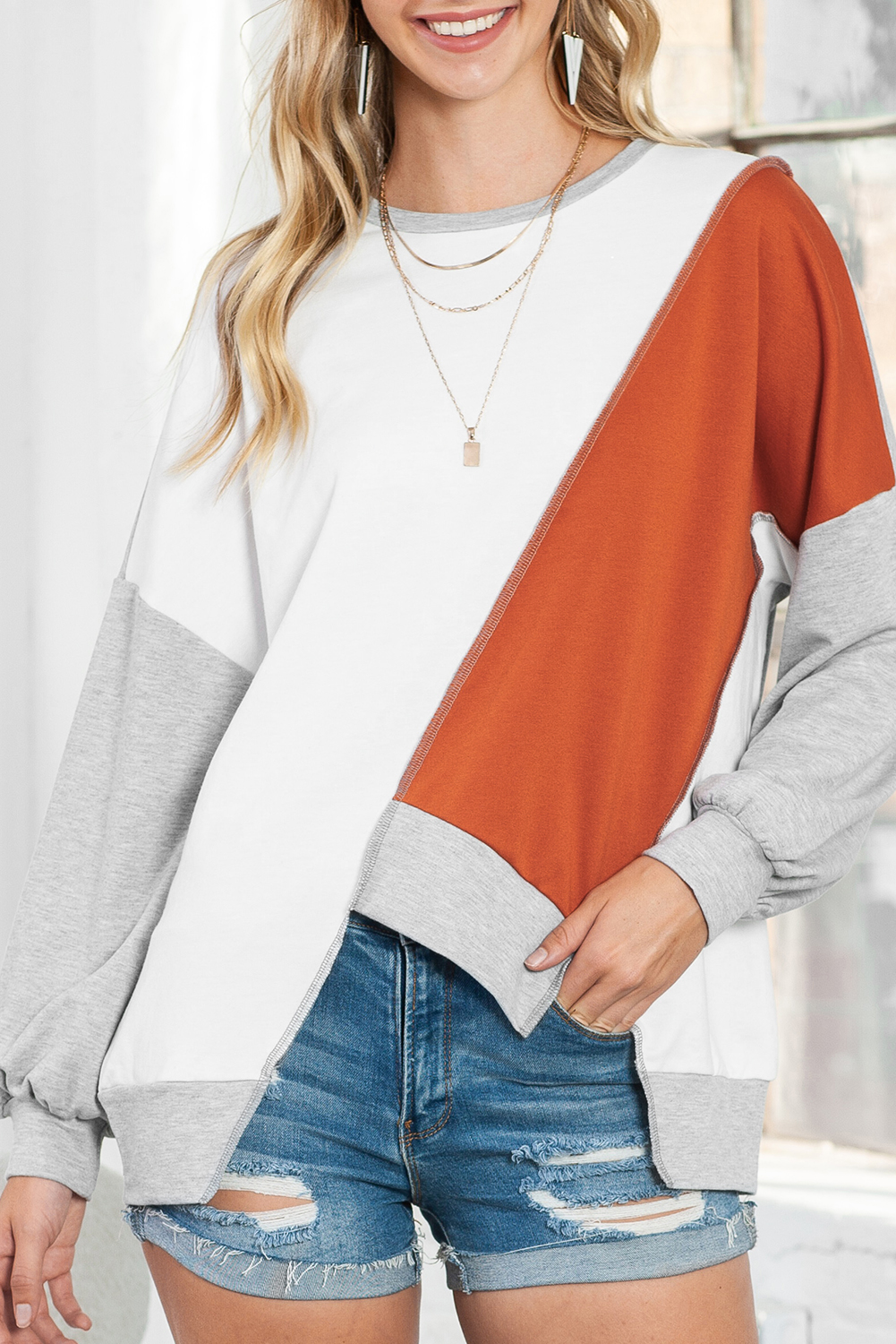 Shewin Wholesale CHIC Women Khaki Colorblock Stitching Irregular Hem Long Sleeve Top