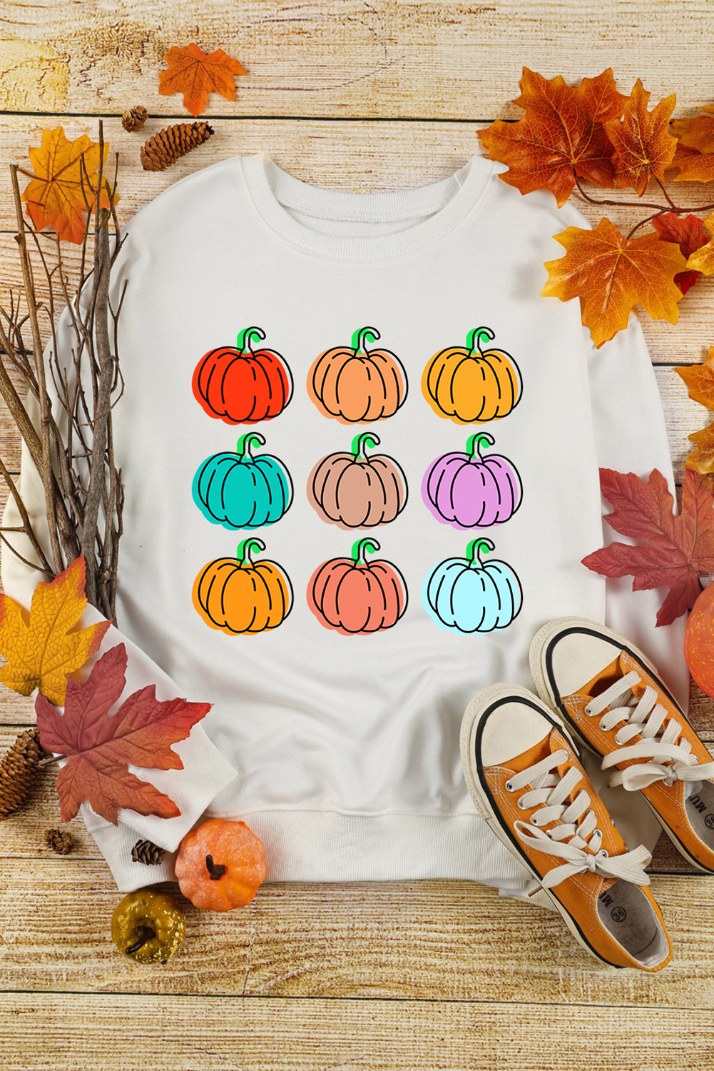 Shewin Wholesale Custom Logo Beige Halloween Vibrant Pumpkins Graphic Crew Neck SWEATSHIRT