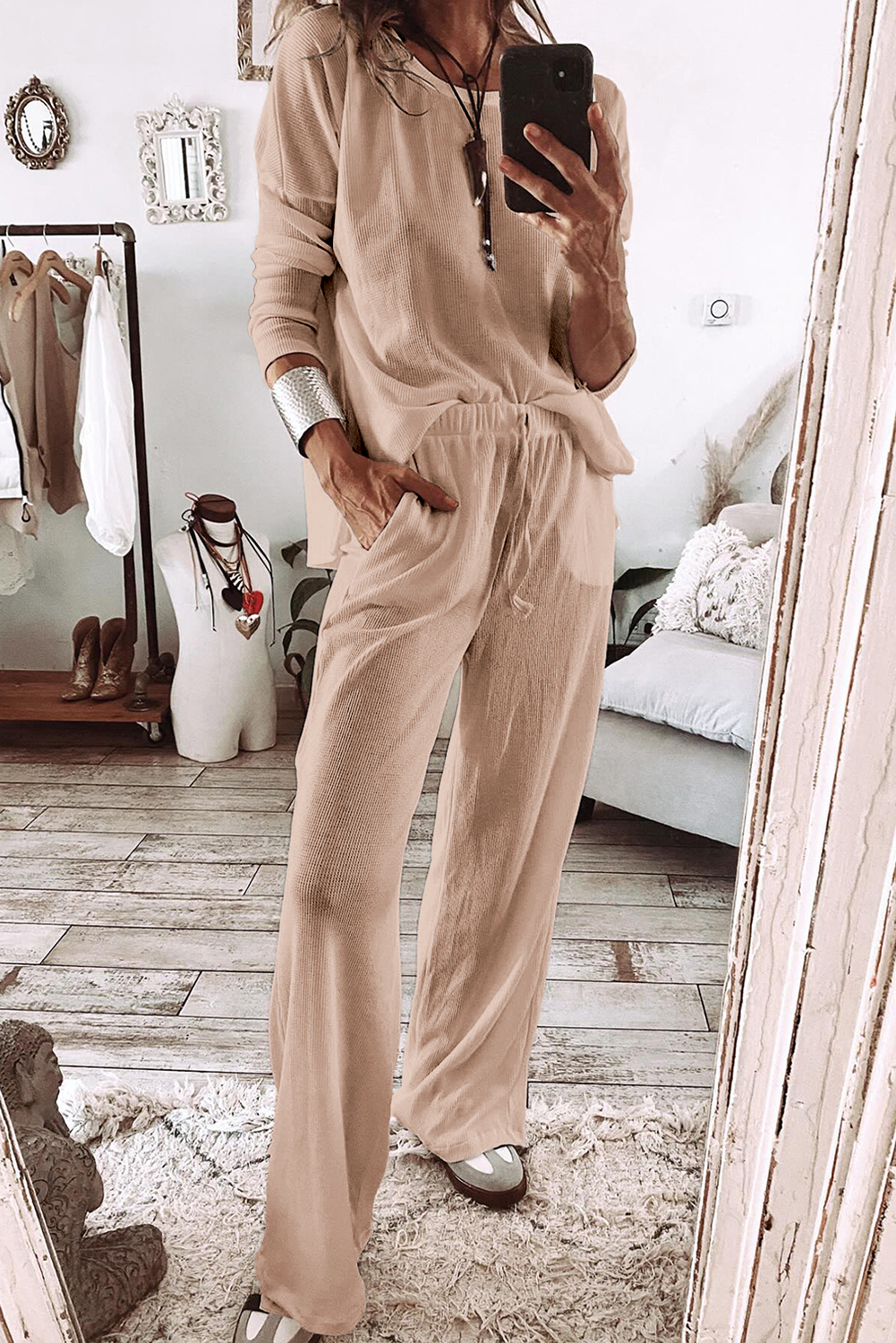 Shewin Wholesale Dropship Parchment Textured Long Sleeve Top and Pants Lounge Set