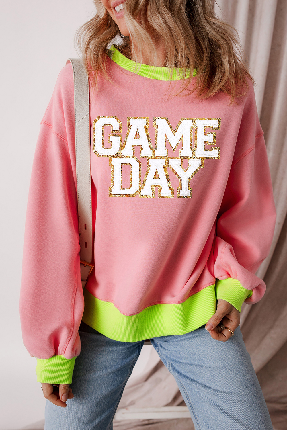 Shewin Wholesale Customized Pink GAME DAY Graphic Color Block Crew Neck SWEATSHIRT