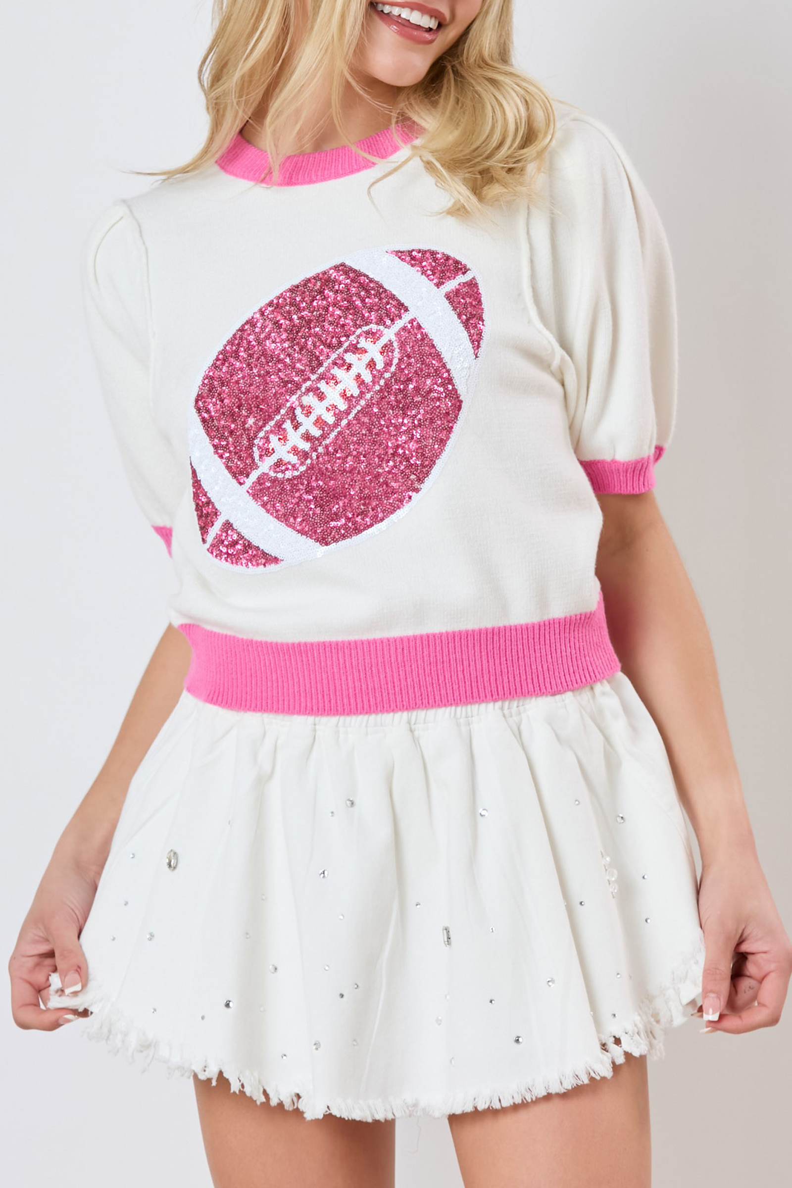 Pink SEQUIN Rugby Color Block Puff Sleeve Knit Top