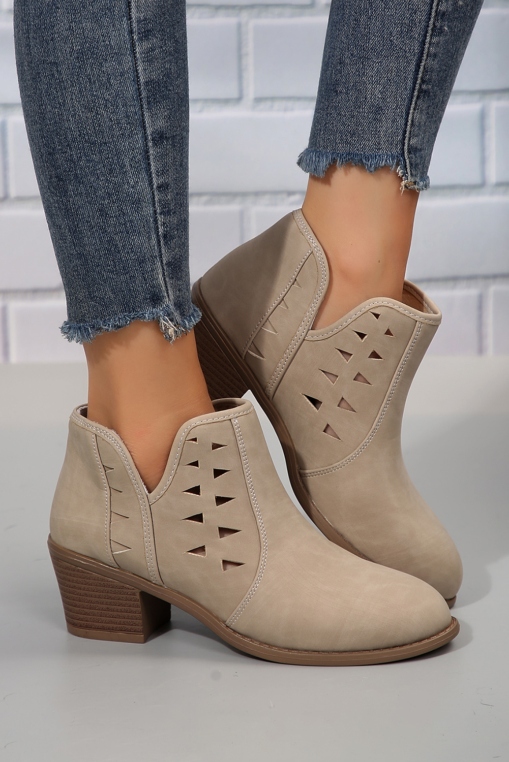 Shewin Wholesale Distributor Parchment Cut Out Suede Pointed Toe Heeled Ankle BOOTS