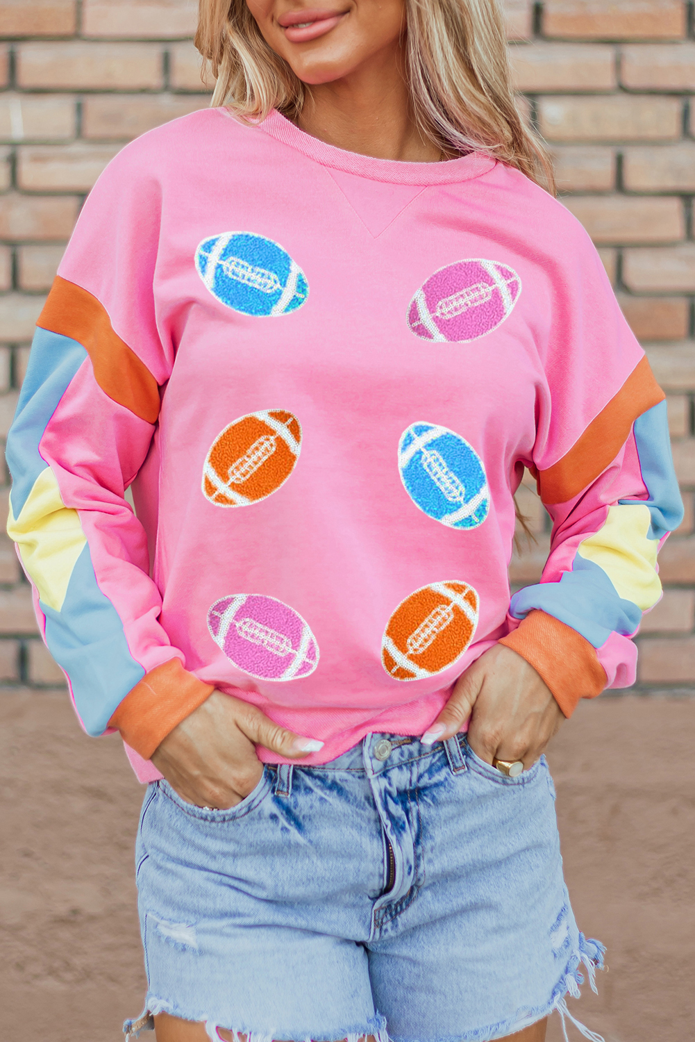 Shewin Wholesale Customized Pink Color Block GAME Day Rugby Graphic Sweatshirt