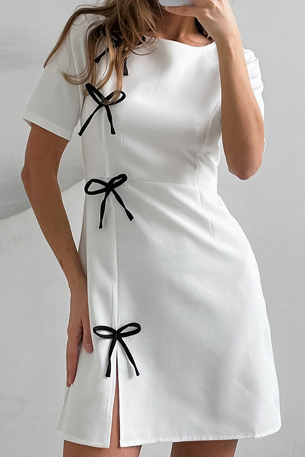 Shewin Wholesale Dropship White Stripe NEW Chinese Bowknot Round Neck Short Dress