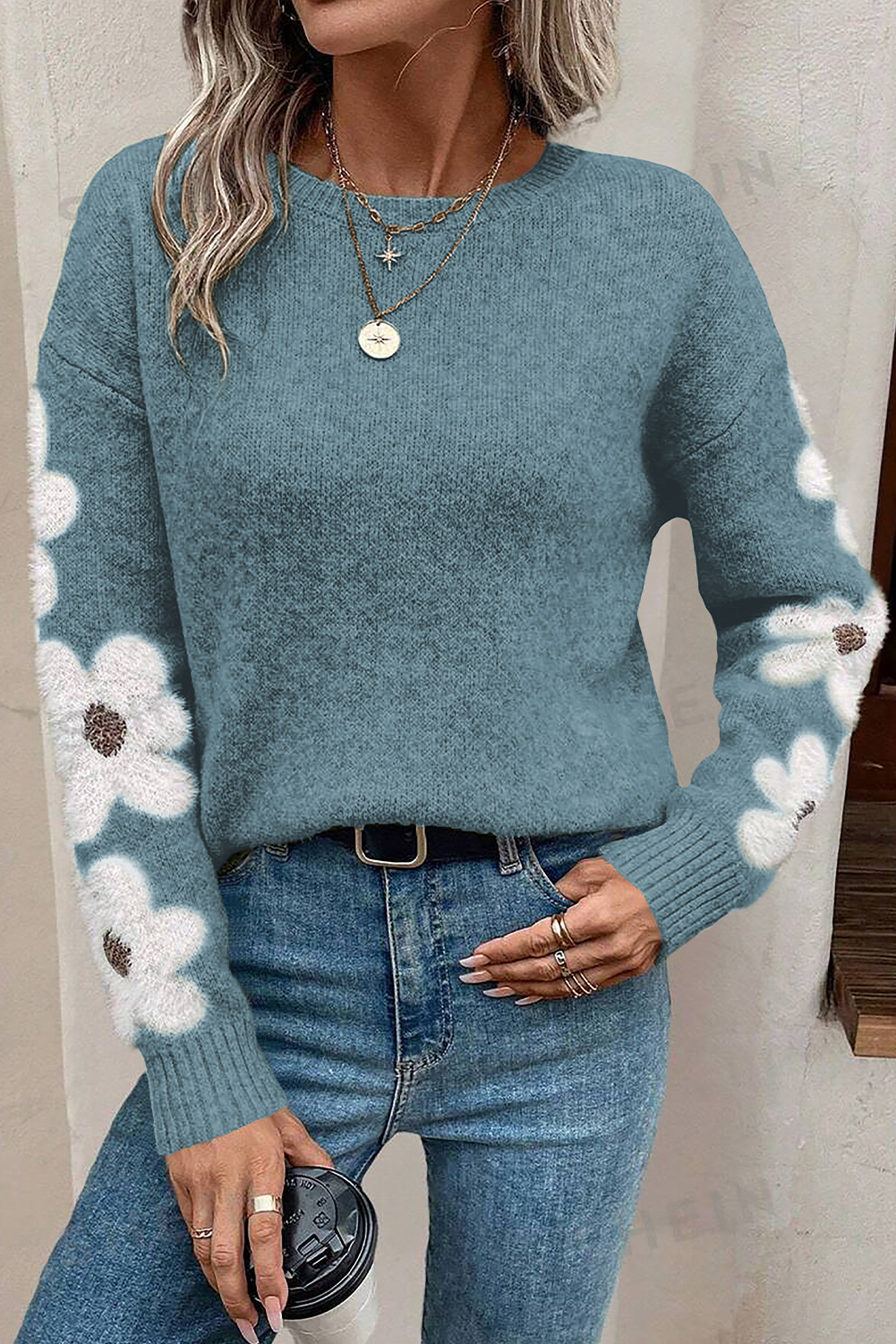 Shewin Wholesale Custom Logo Dusk Blue FLOWER Sleeve Drop Shoulder Sweater