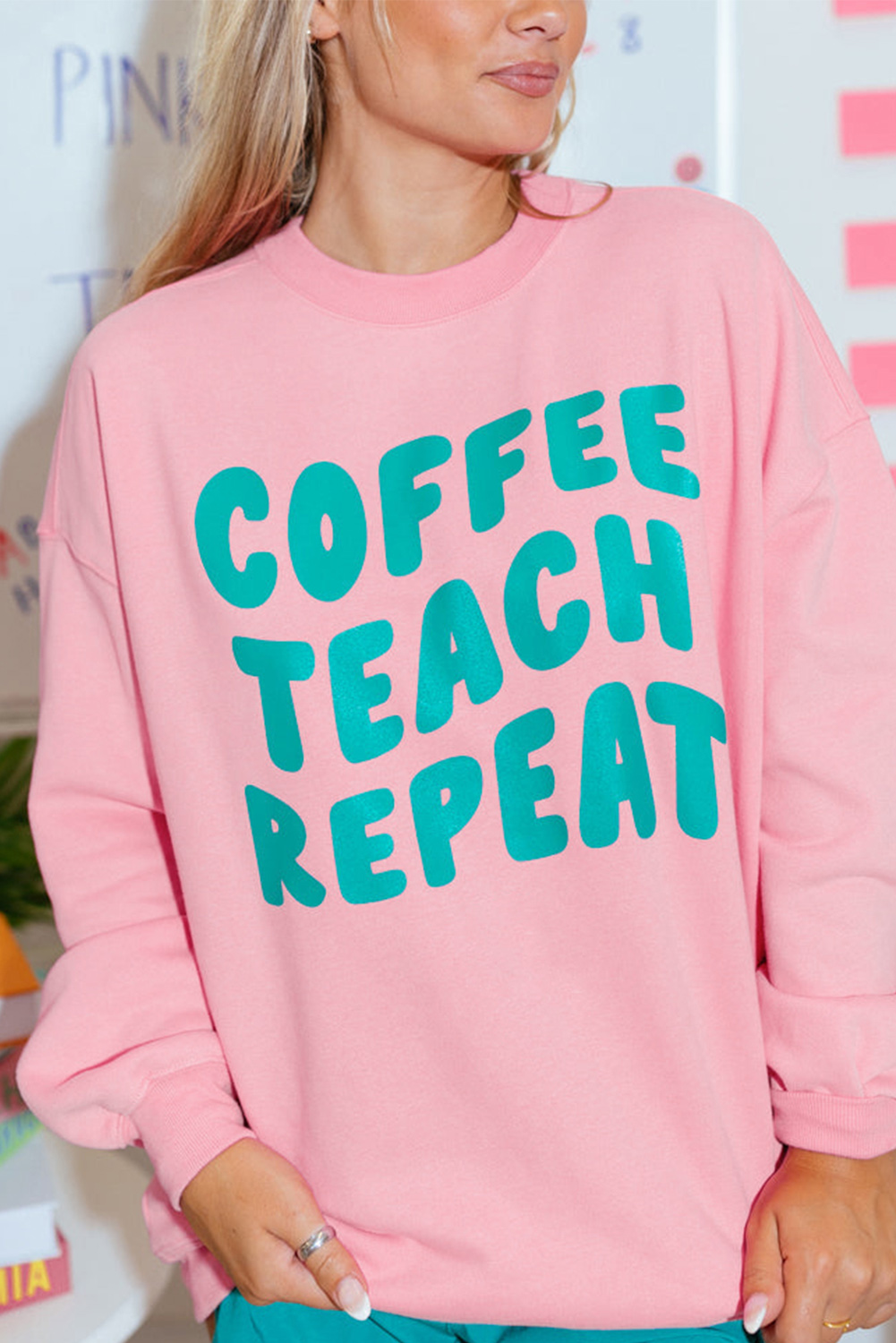 Shewin Wholesale Customized Pink COFFEE TEACH REPEAT Graphic Loose Sweatshirt