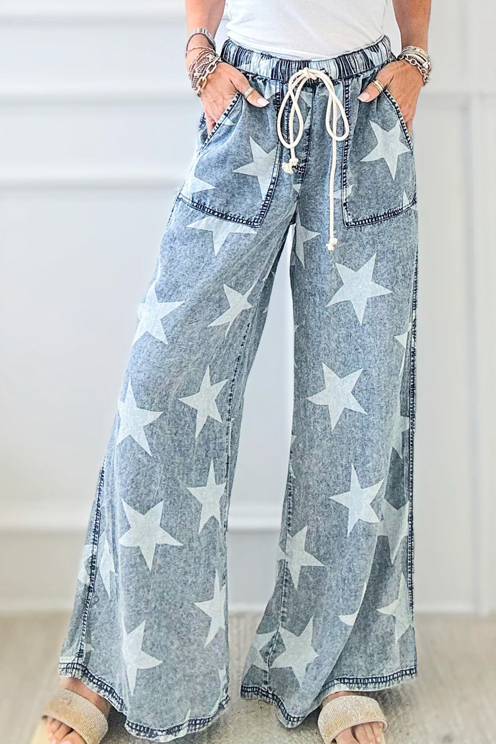 Shewin Wholesale Dropshippers Light Blue Star Print Light Wash Drawstring High Waist Wide Leg JEANS