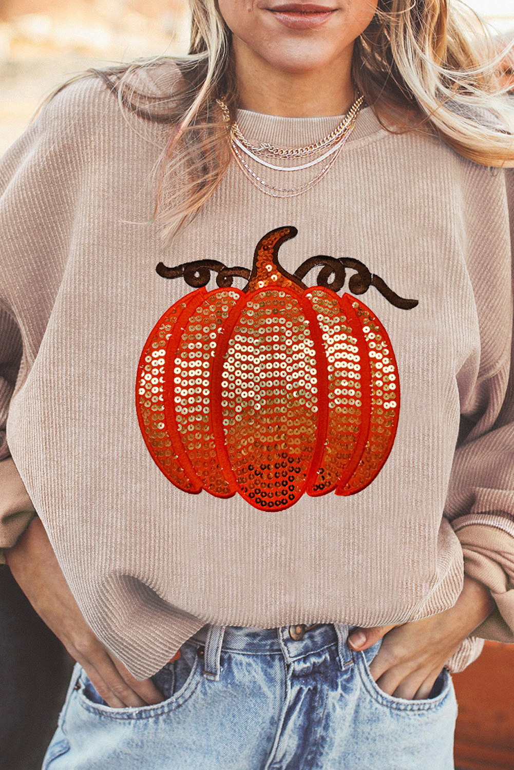 Shewin Wholesale Custom Logo Apricot Crinkle Ribbed HALLOWEEN Sequin Pumpkin Graphic Sweatshirt