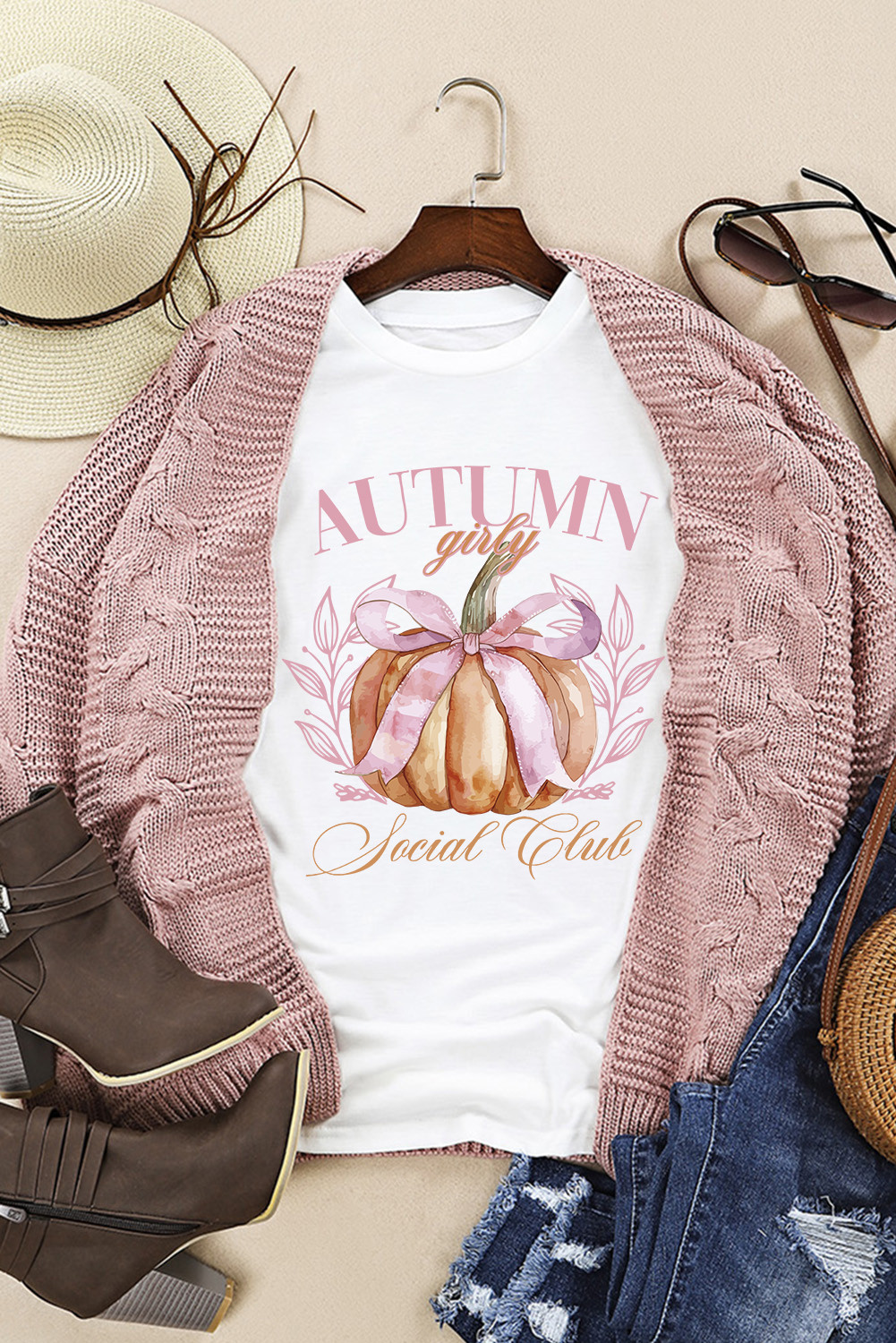 White Autumn Girly Thanksgiving Bowknot Pumpkin Graphic T Shirt