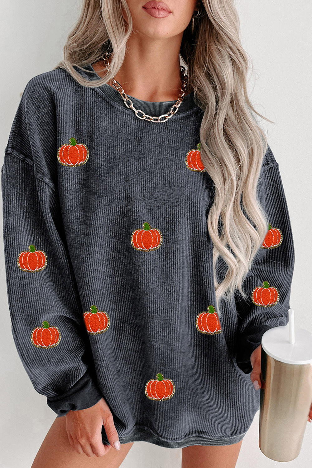 Gray Crinkle Ribbed Halloween Pumpkin Graphic Drop Shoulder Sweatshirt