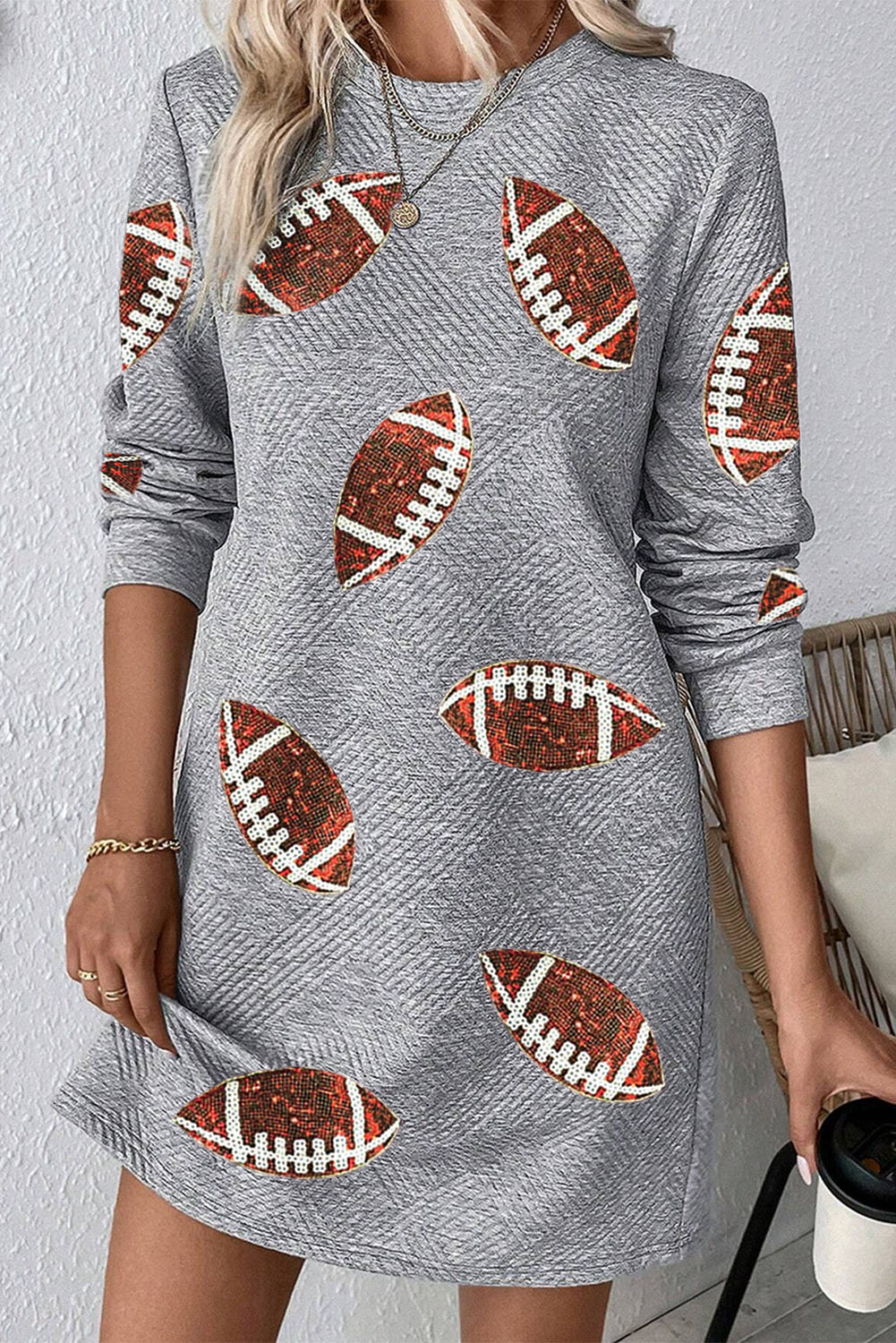 Shewin Wholesale Dropship Gray Sequin Rugby Graphic Round Neck Textured Mini DRESS