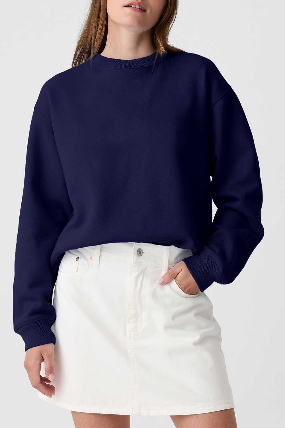 Shewin Wholesale Dropshippers Navy Blue Plain Drop Shoulder Crewneck Pullover SWEATSHIRT