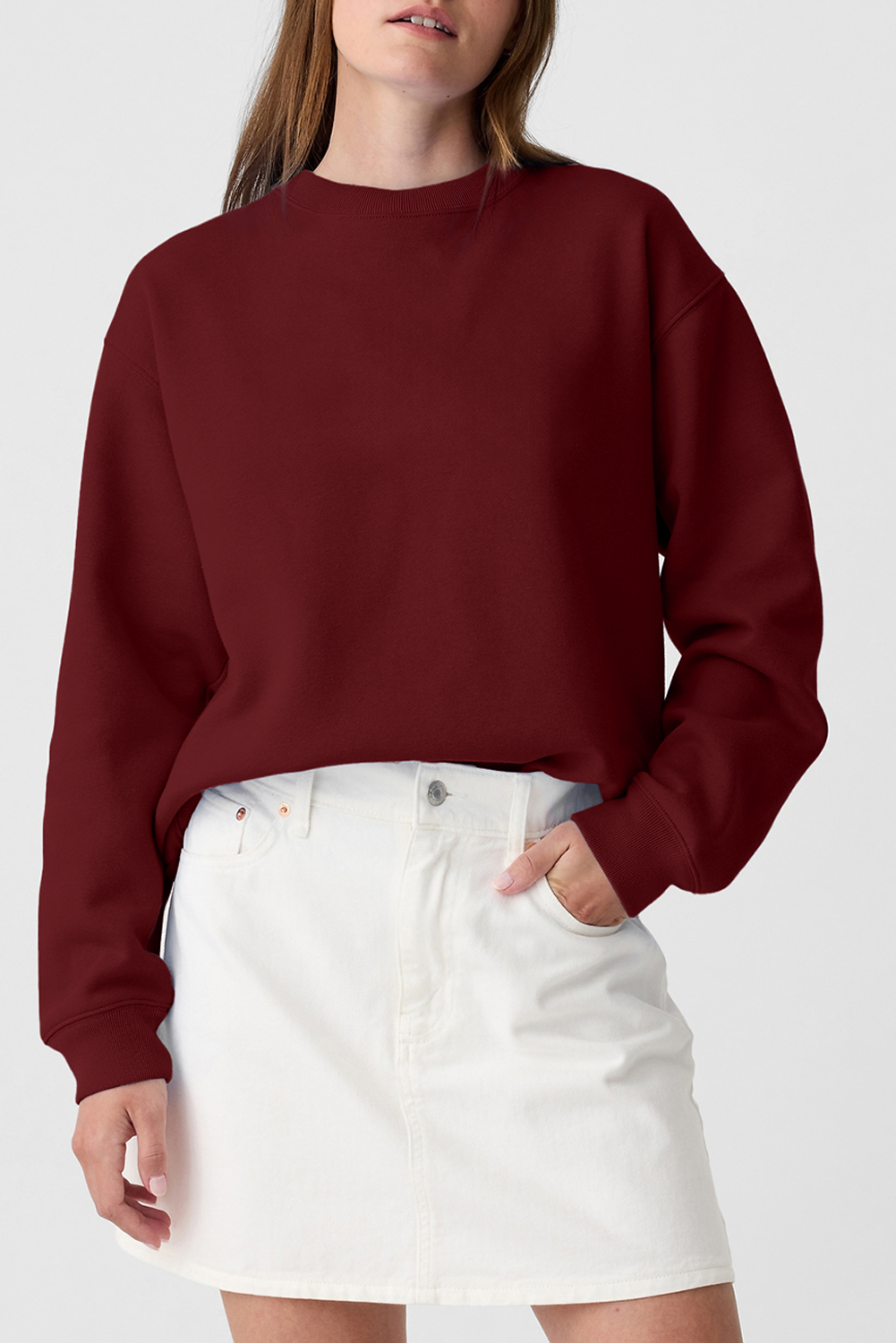 Shewin Wholesale Dropship Burgundy Plain Drop Shoulder Crewneck Pullover SWEATSHIRT