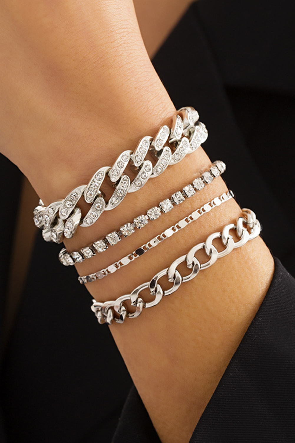 Shewin Wholesale Dropship Silvery 4pcs Rhinestone Decor Adjustable Chain BRACELET Set