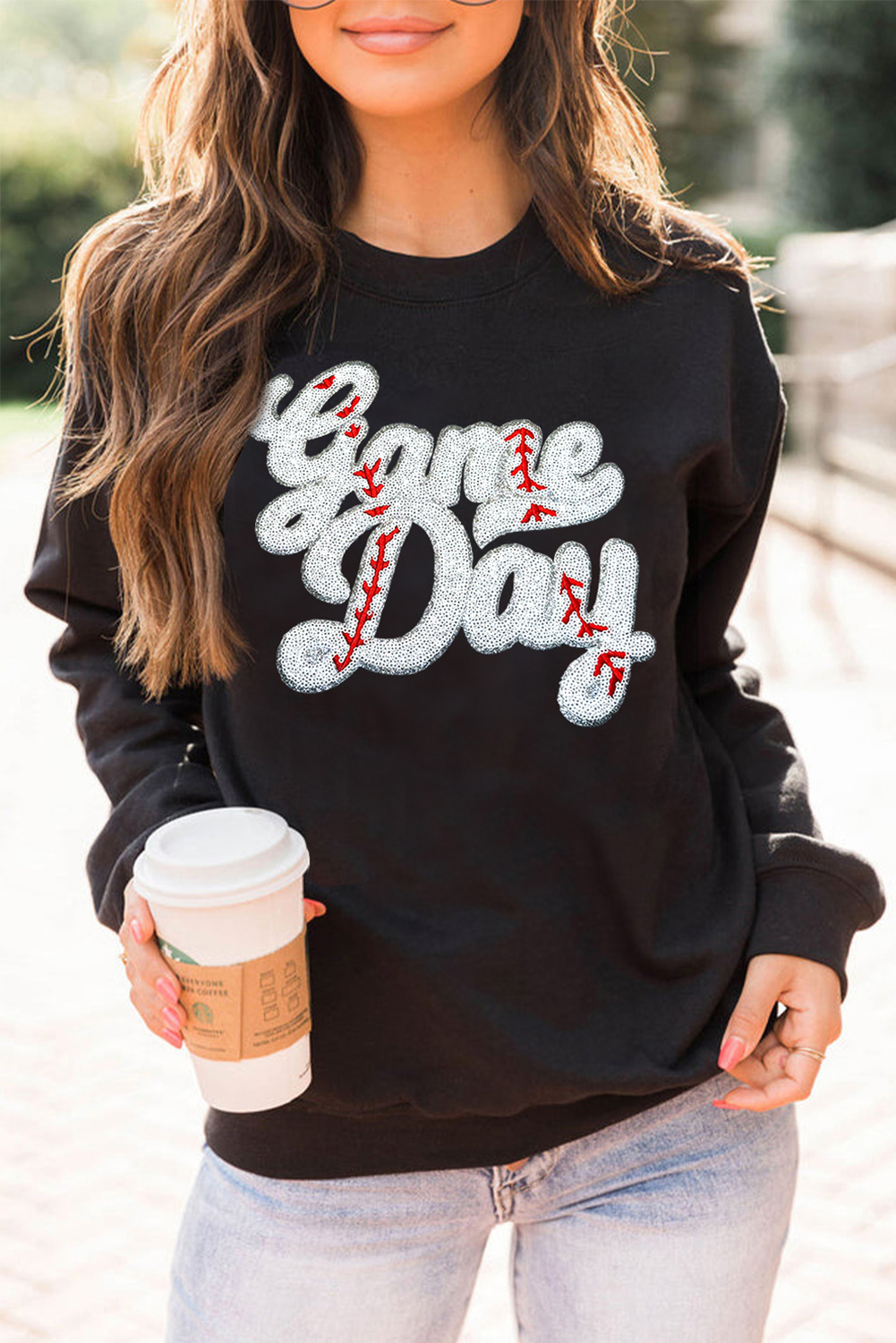 Shewin Wholesale Dropship Black Game Day BASEBALL Graphic Crew Neck Sweatshirt